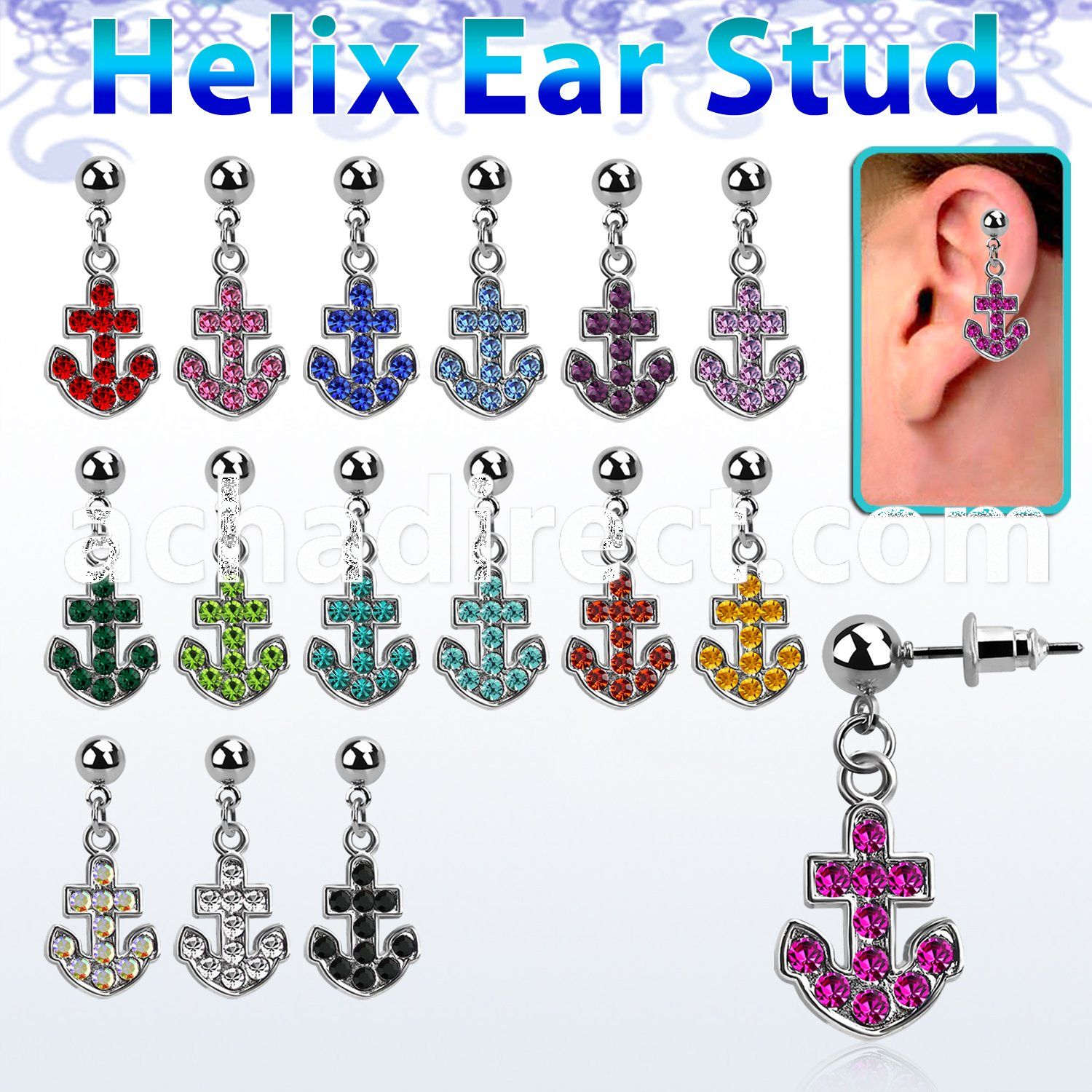 erbd391 316l steel helix ear stud ball w crystal studded anchor