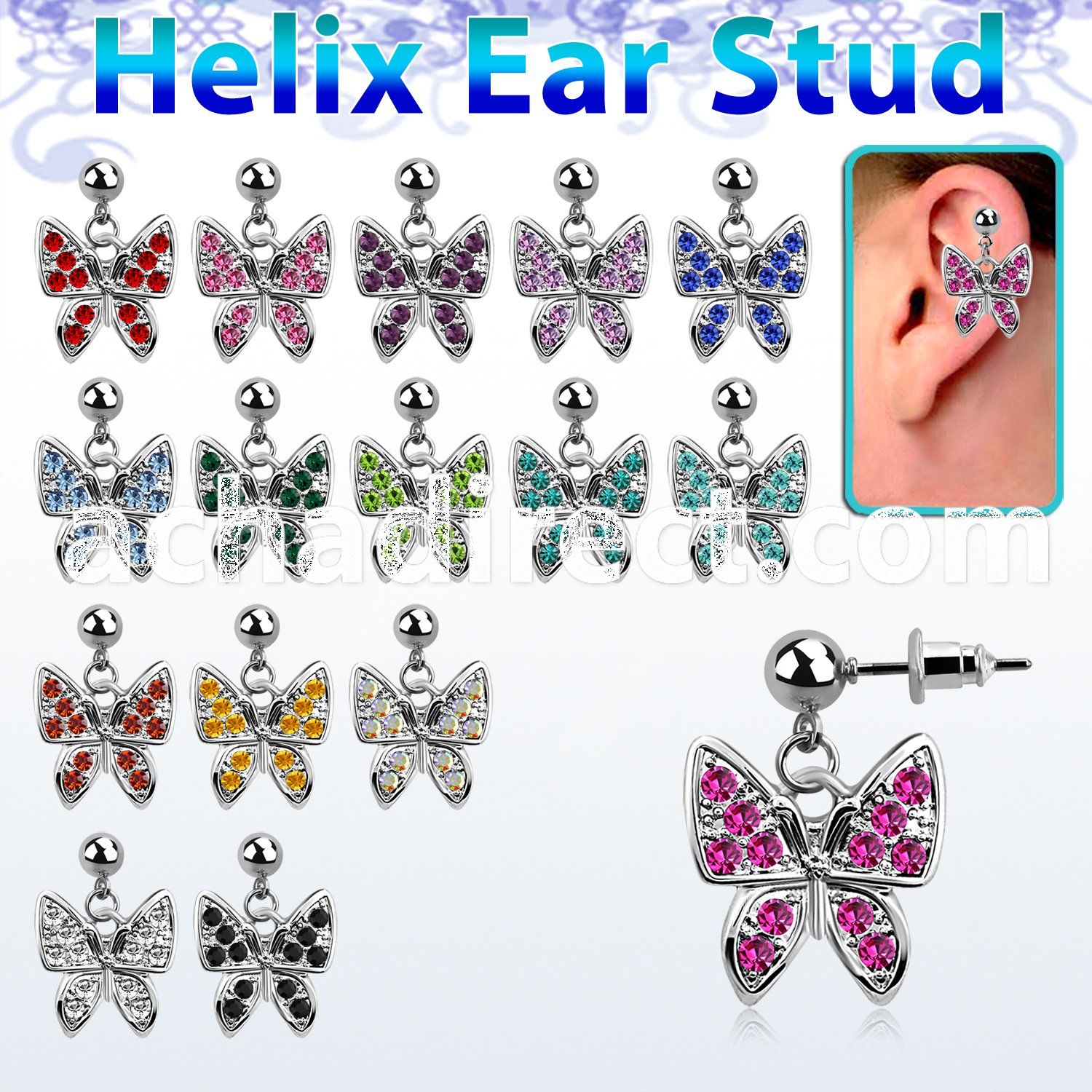 erbd3 316l steel helix ear stud ball with crystal butterfly