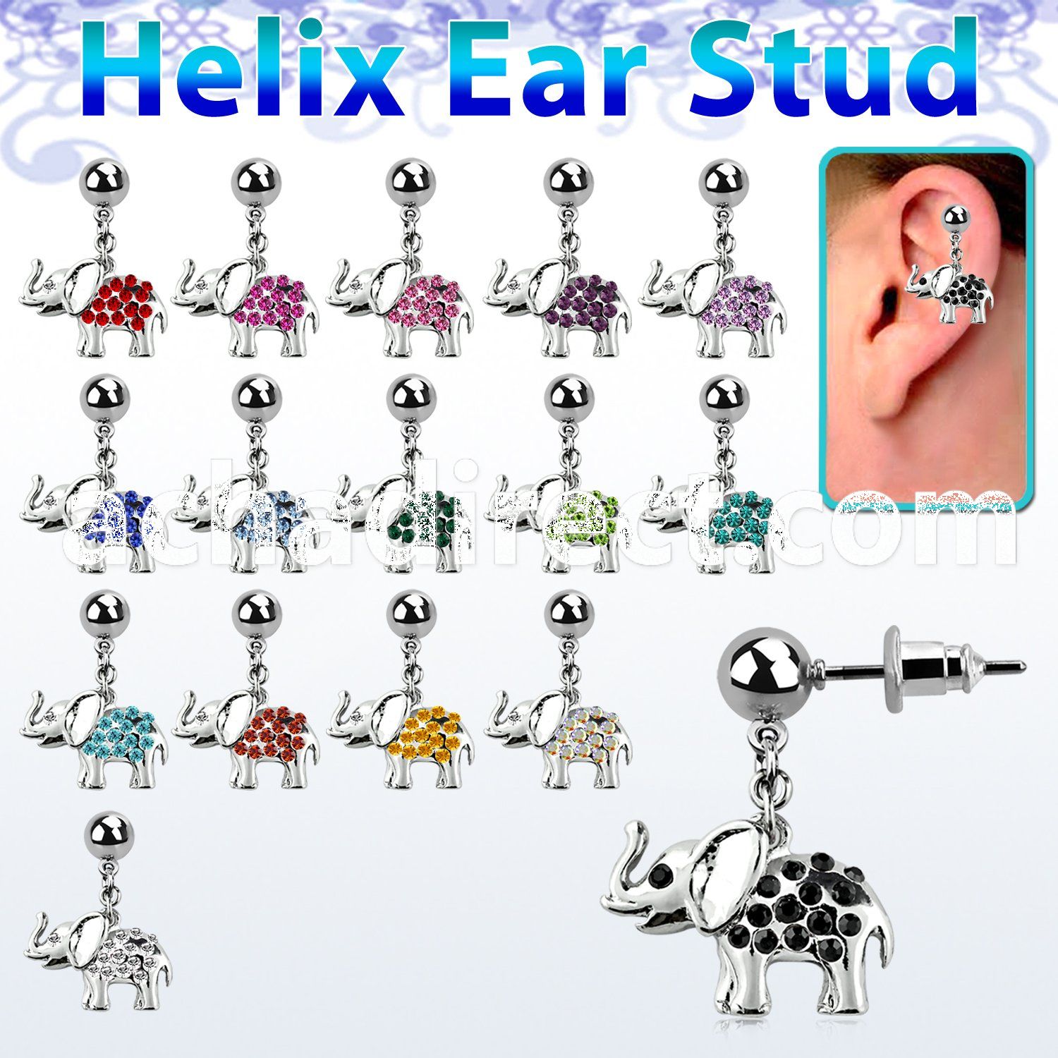 erbd467 316l steel ear stud ball with crystal elephant
