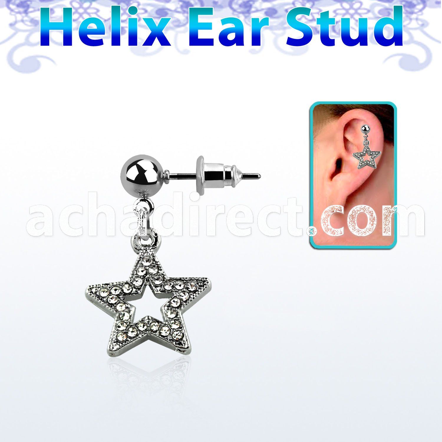 erbd488 316l steel helix ear ball stud w star w crystal rim