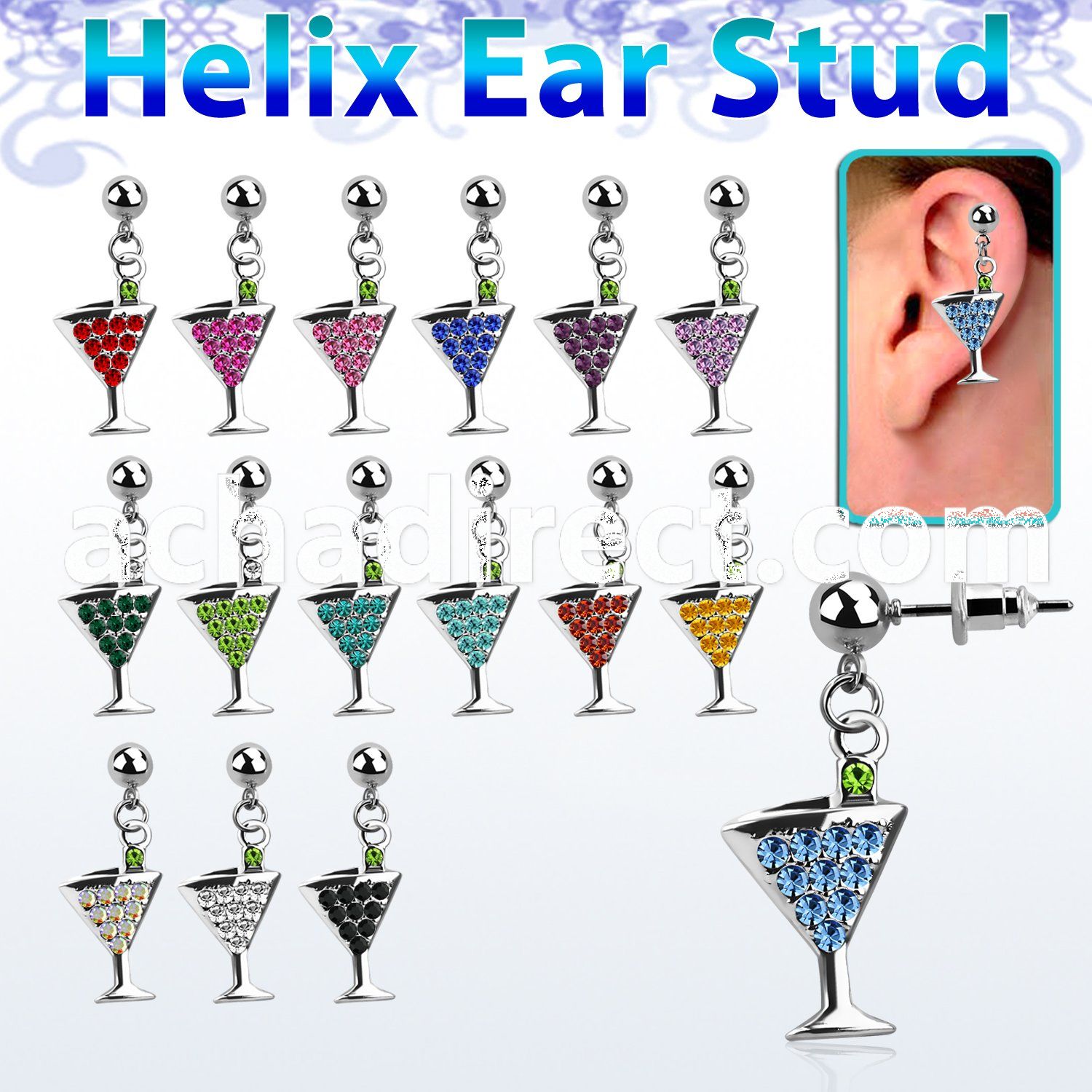 erbd4 316l steel helix ear stud ball w crystal martini glass