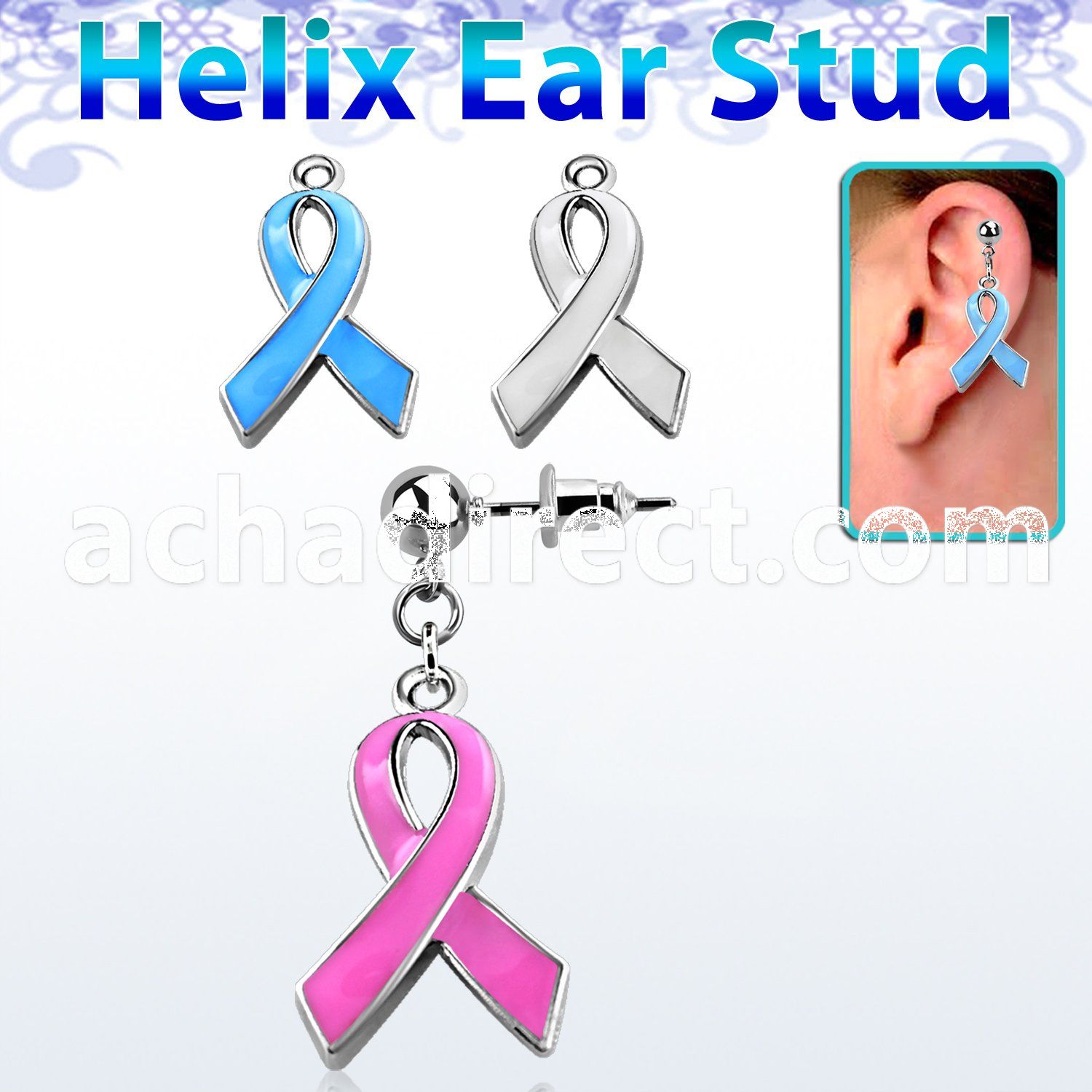 erbd501 316l steel helix ear stud ball w enamel painted ribbon