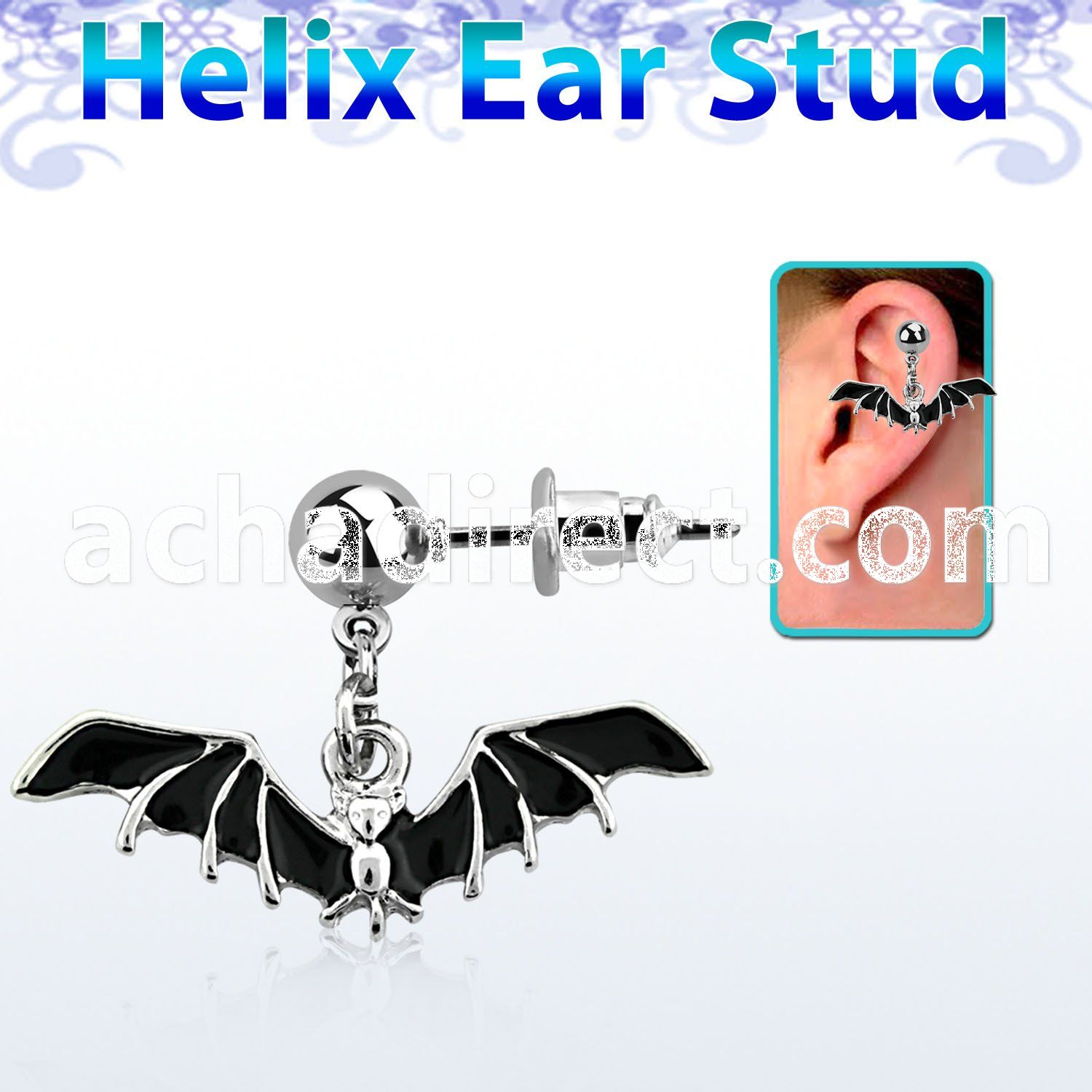 erbd569 316l steel helix ear stud ball with dangling bat
