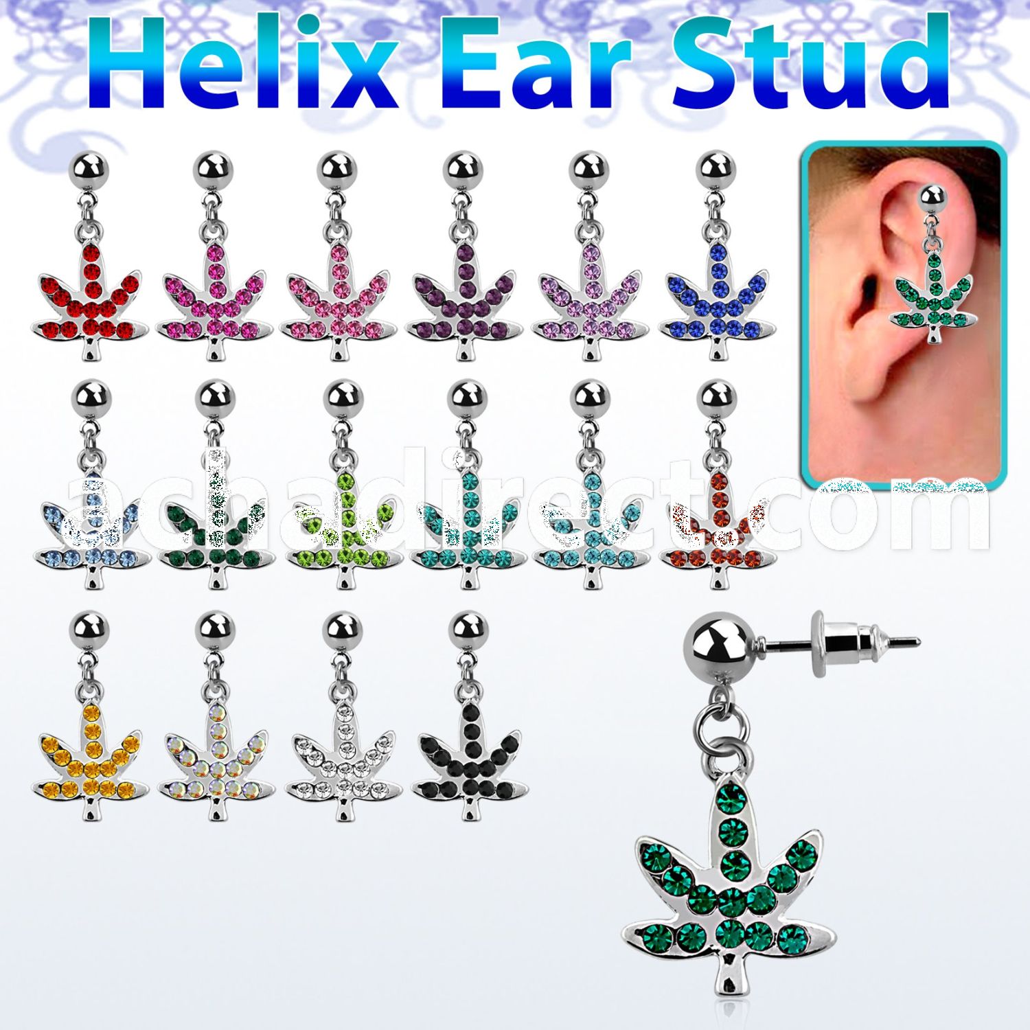 erbd577 316l steel helix ear stud ball with crystal marijuana