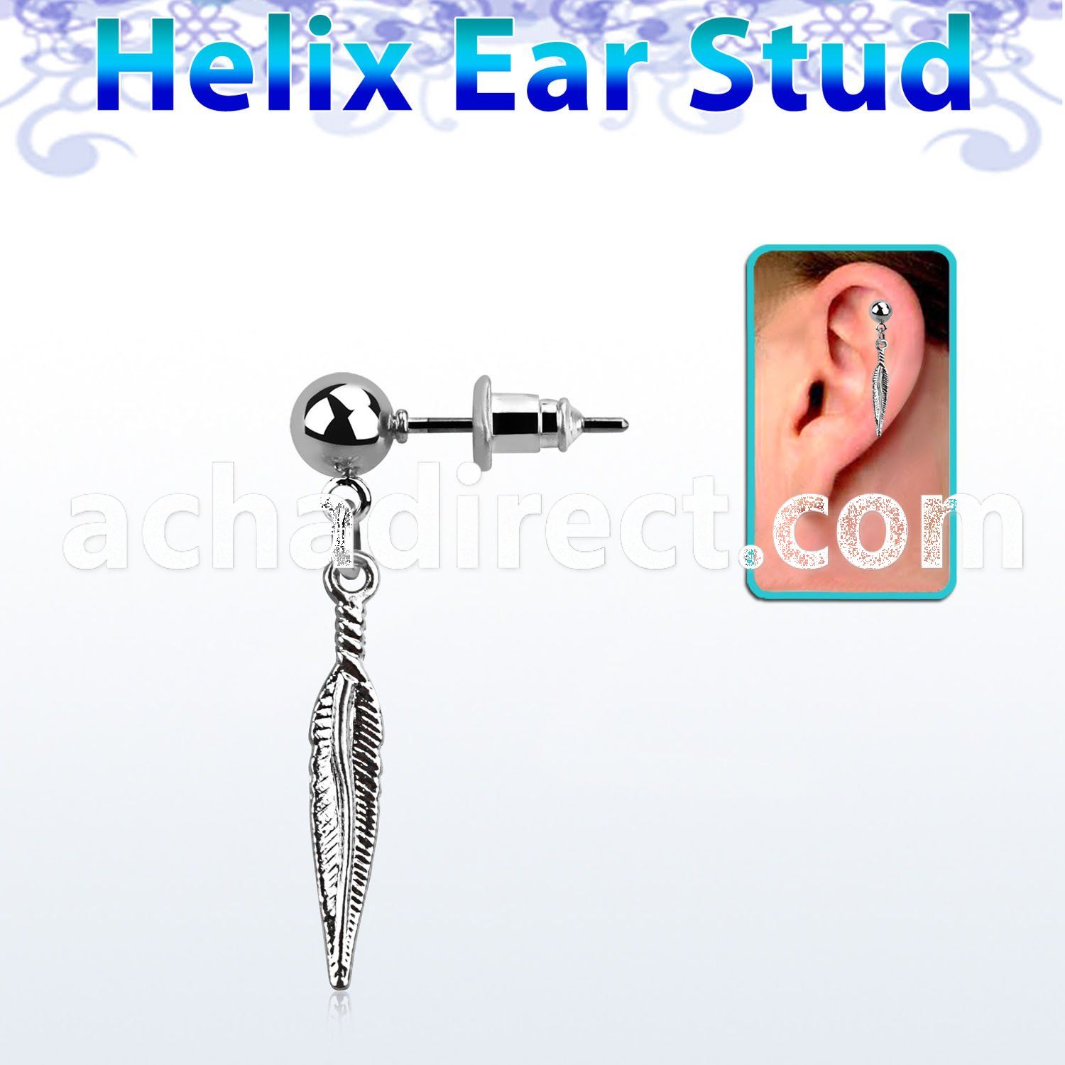 erbd583 316l steel helix ear ball stud w dangling feather