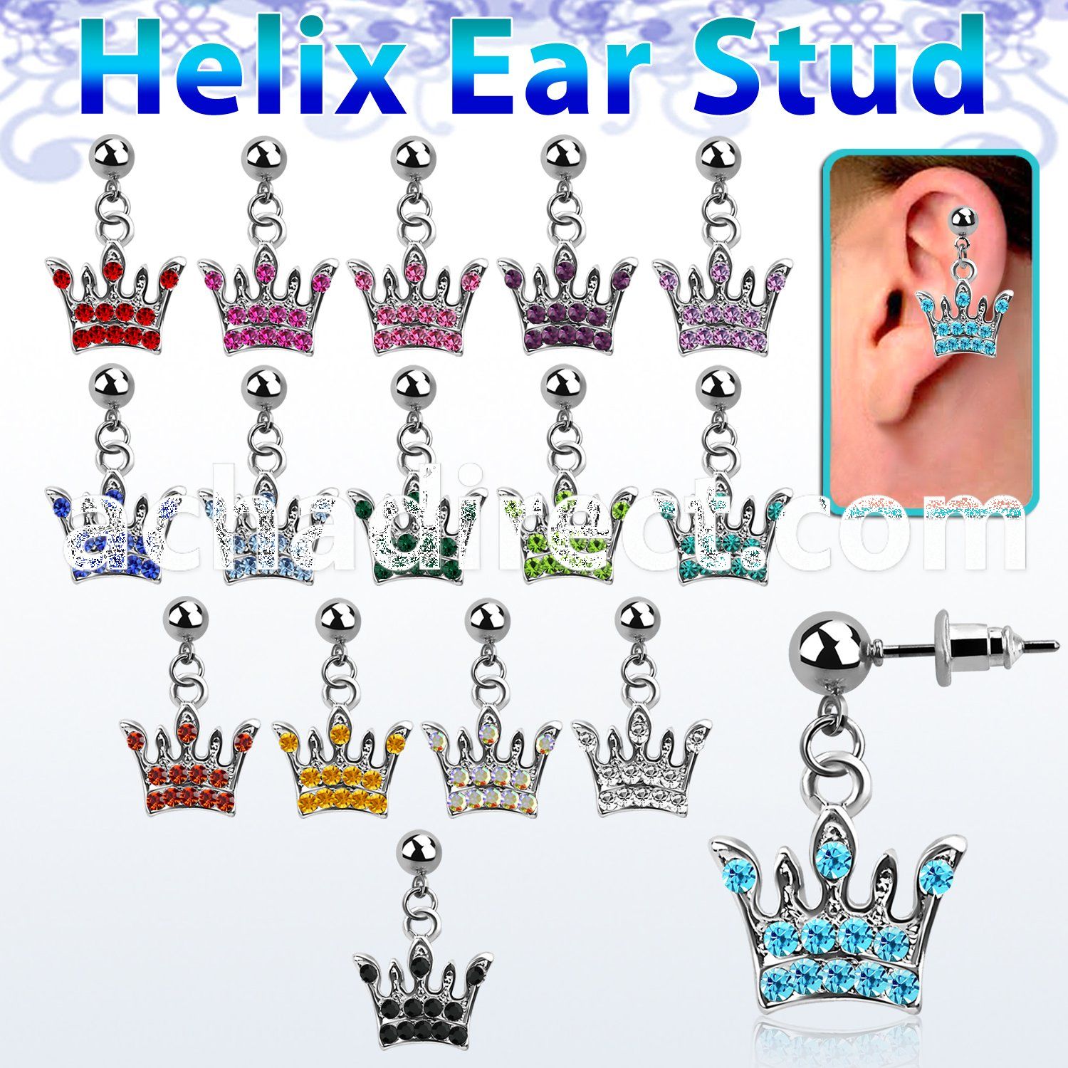 erbd5 316l steel helix ear stud ball w dangling crystal crown