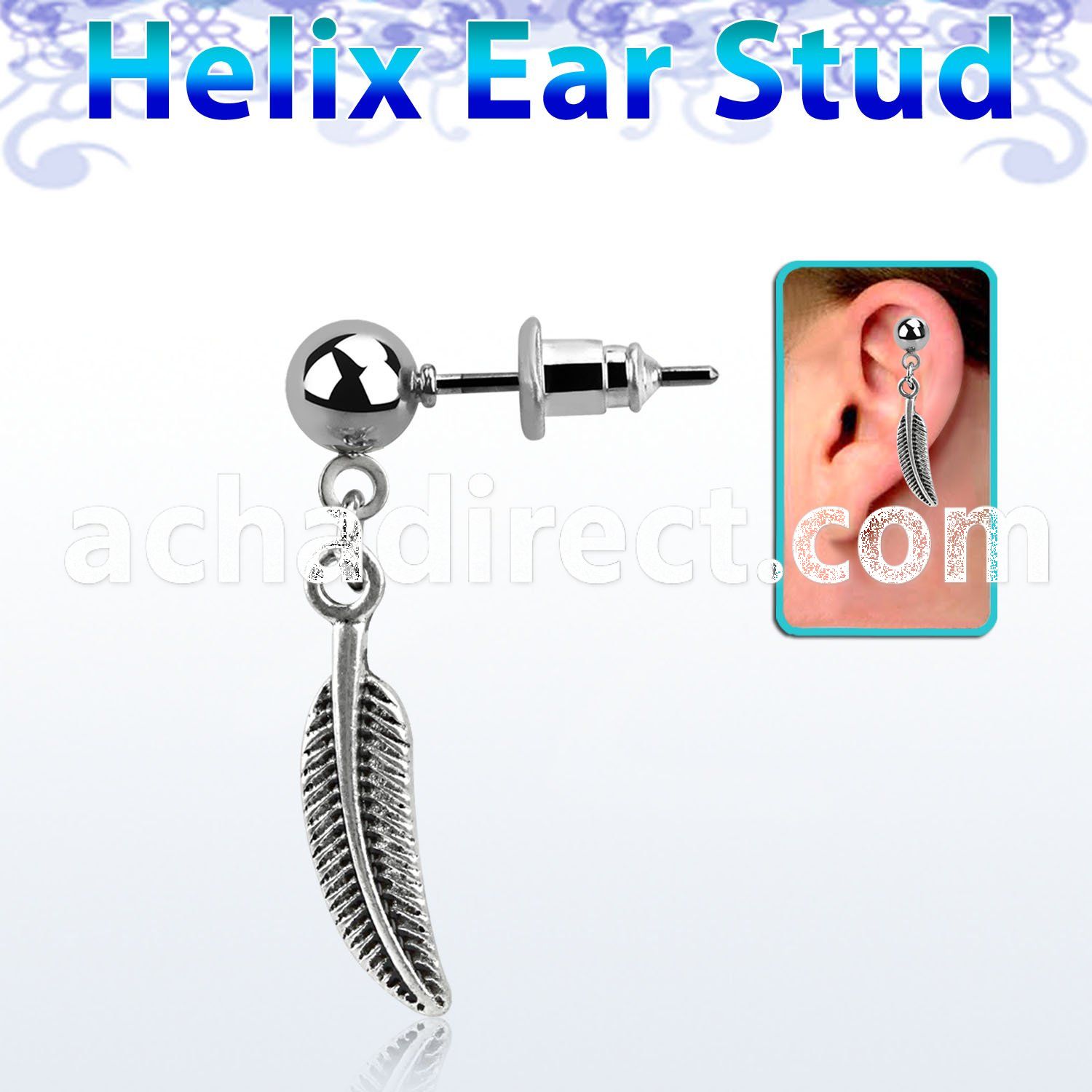 erbd638 316l steel helix ear ball stud w dangling feather