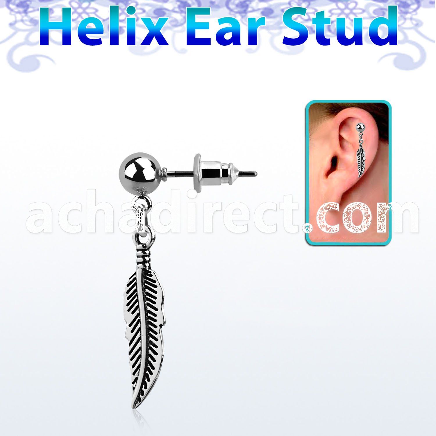 erbd654 316l steel helix ear ball stud w small dangling feather