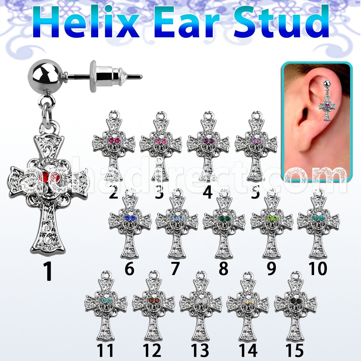 erbd694 steel helix ear stud w dangling cross w skull design
