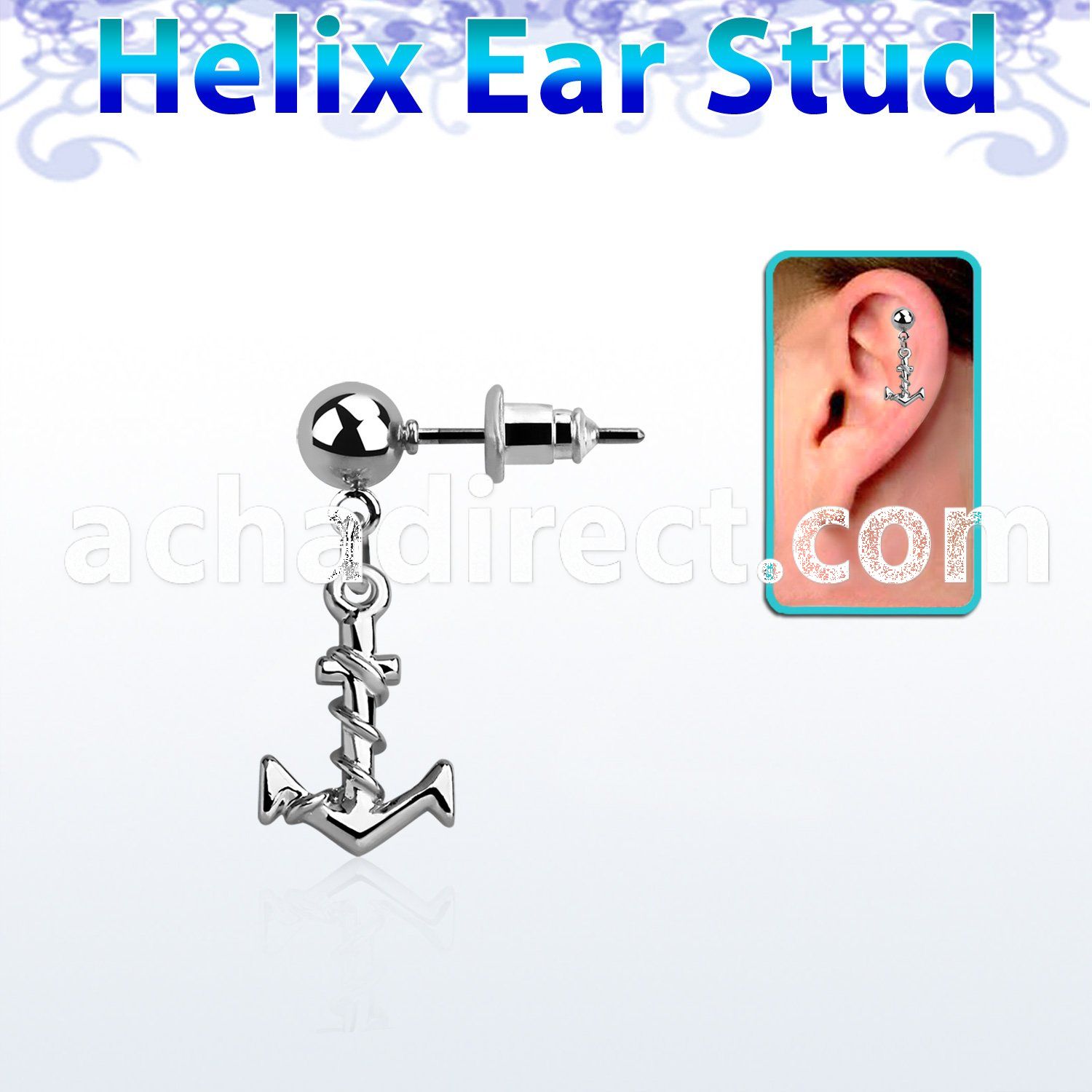 erbd699 steel helix ear stud w dangling plain anchor w rope