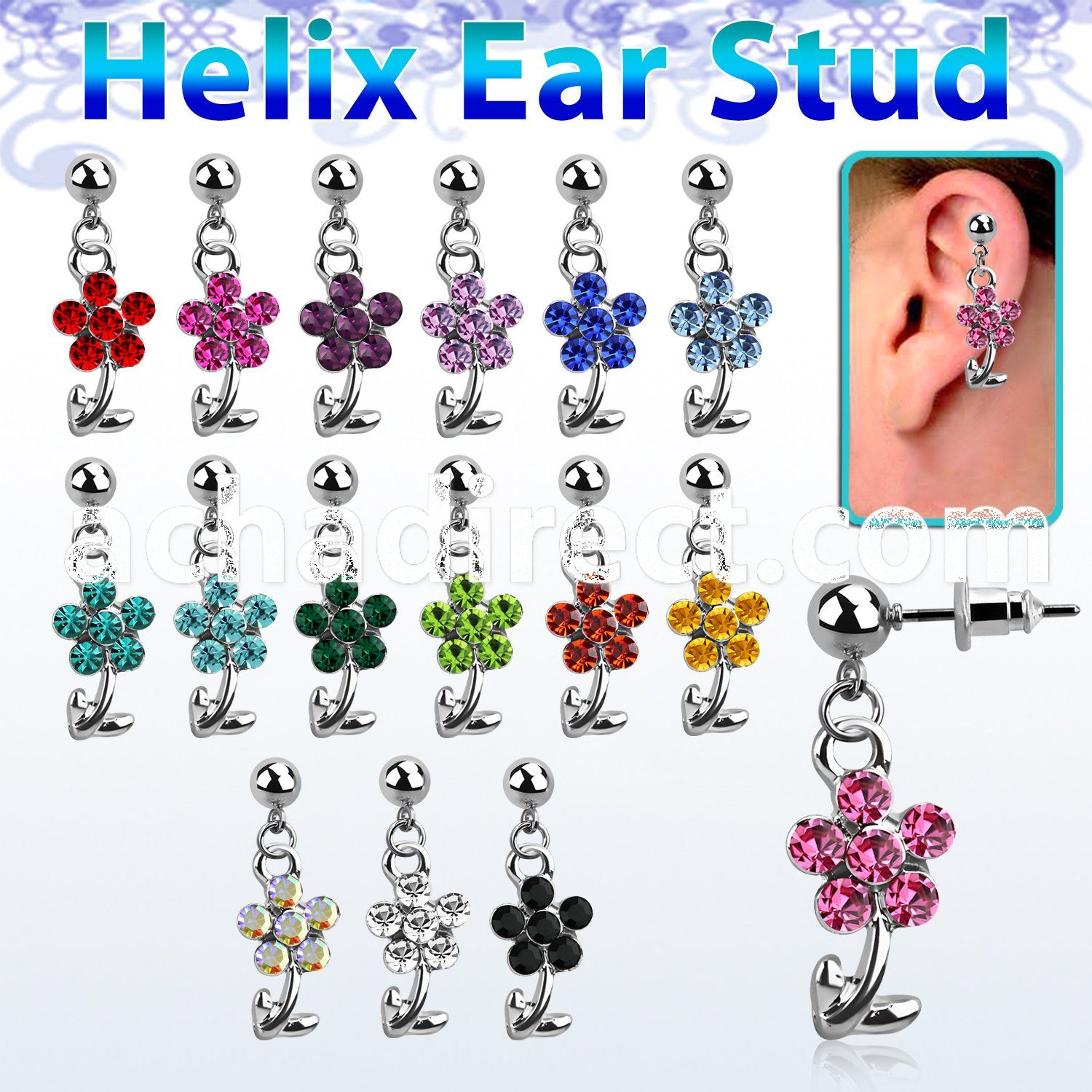 erbd6 316l steel helix ear stud ball w crystal studded flower