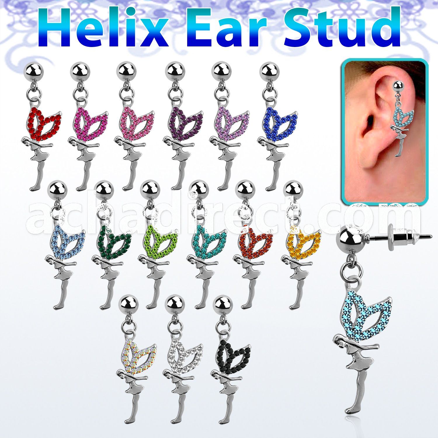 erbd7 316l steel helix ear stud ball with a crystal fairy