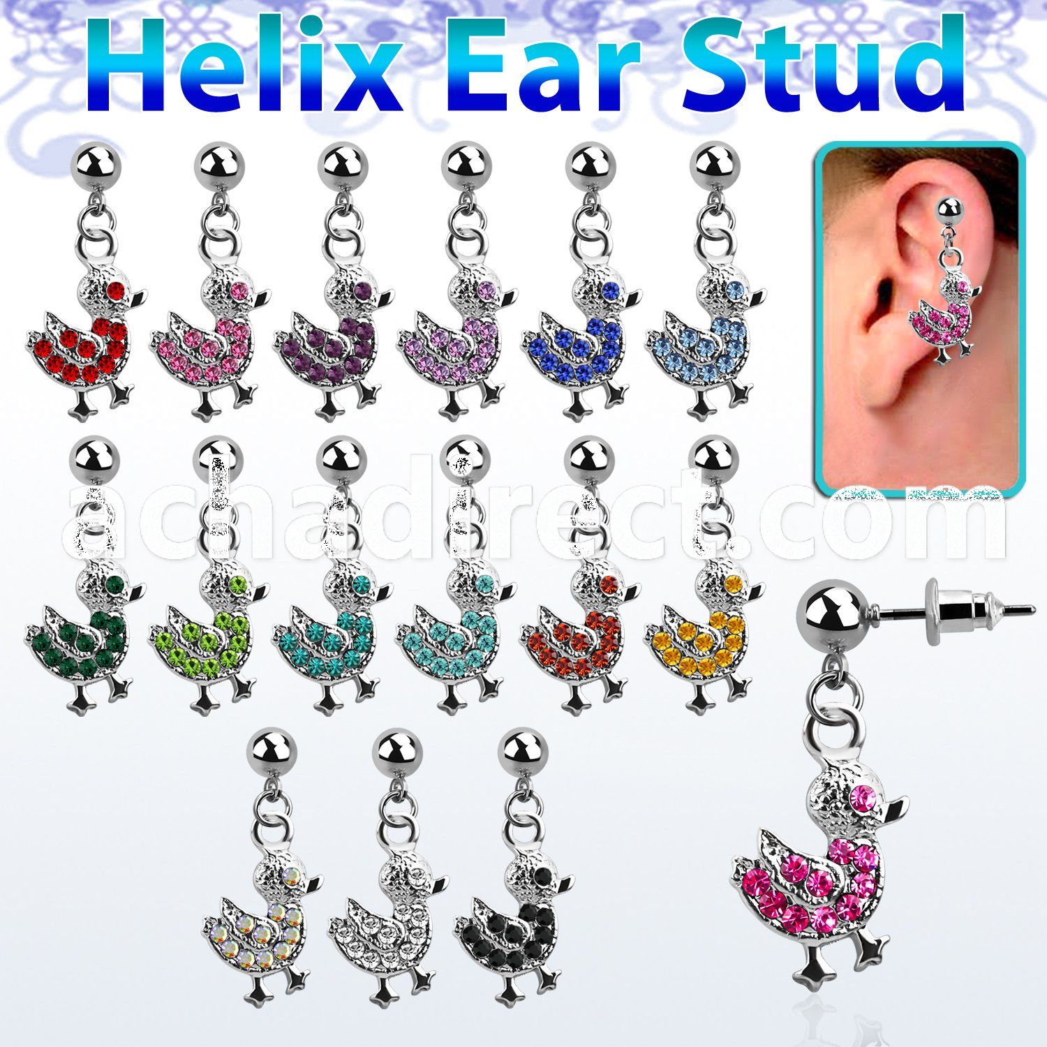 erbd9 316l steel helix ear stud ball with crystal studded duck