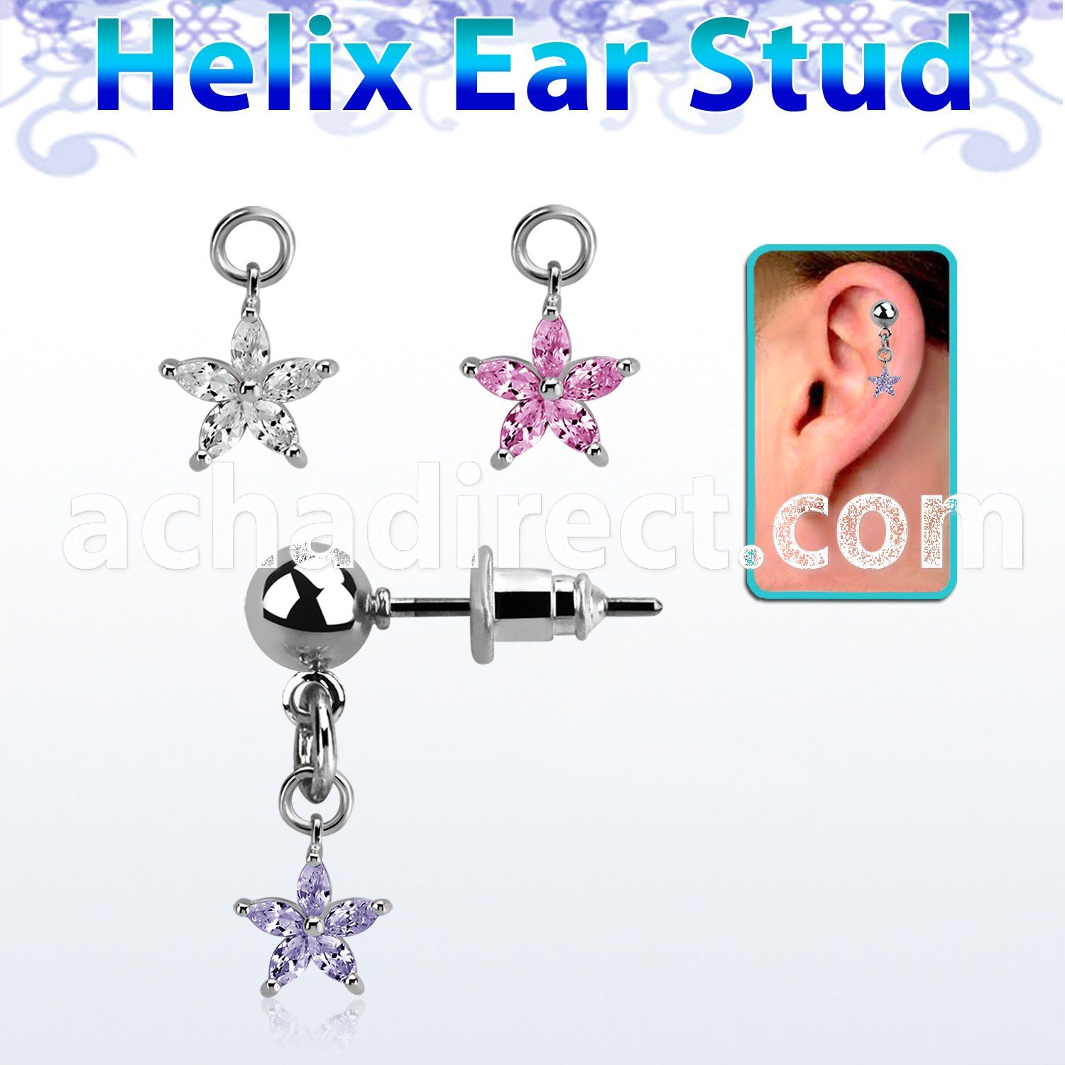 erbdz413 ball shaped steel helix ear stud w dangling cz flower