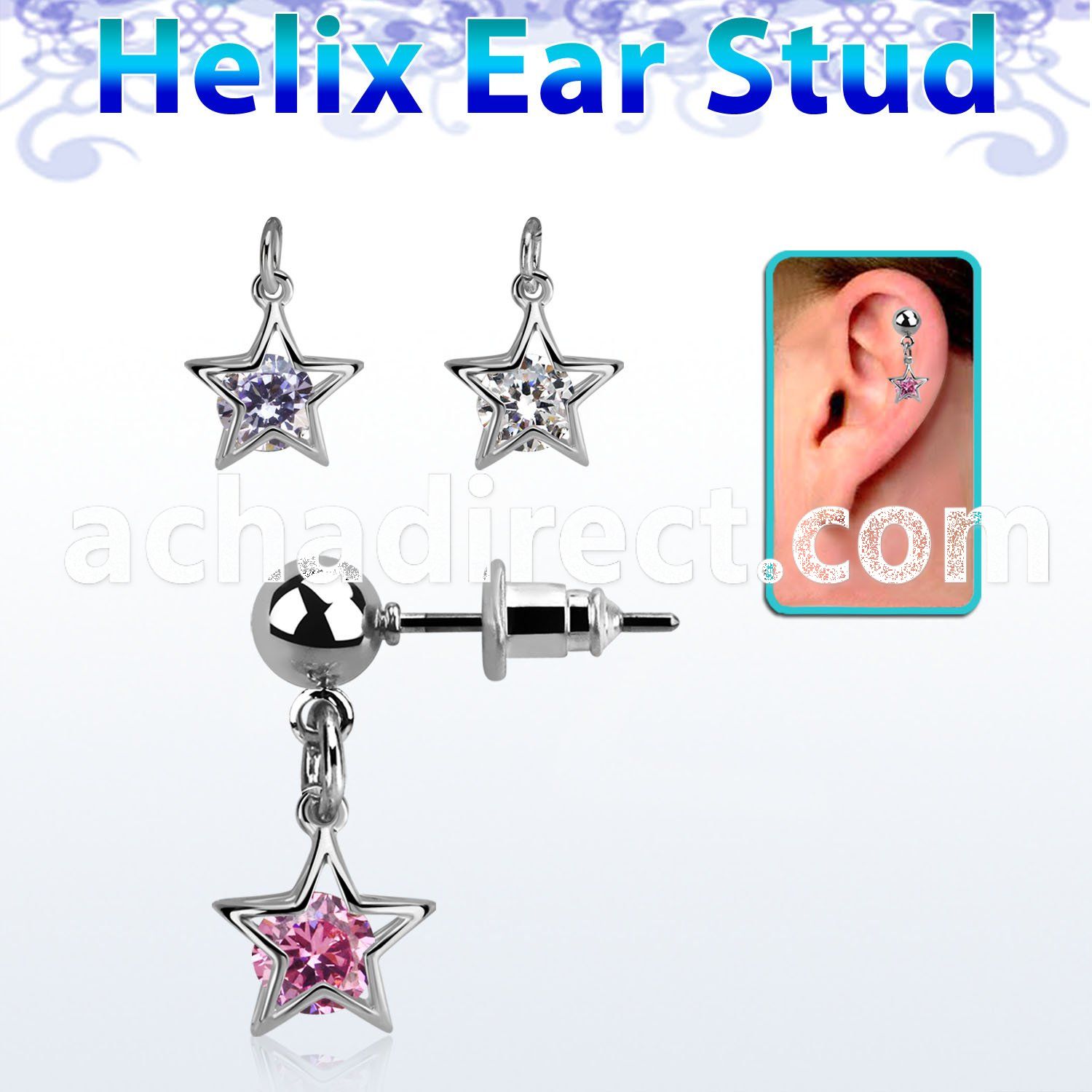 erbdz414 ball shaped steel helix ear stud w dangling star w cz