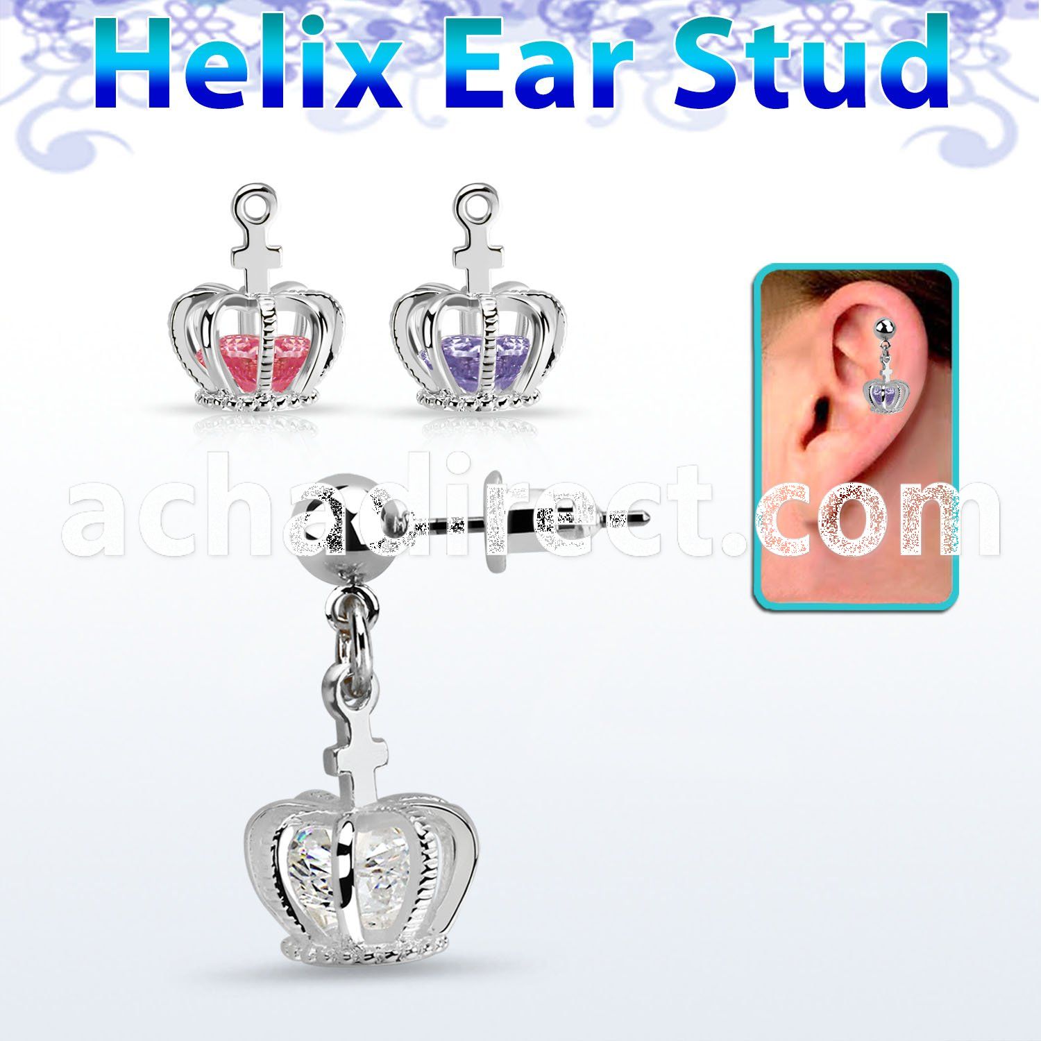 erbdz590 ball steel ear stud w dangling crown with a cz