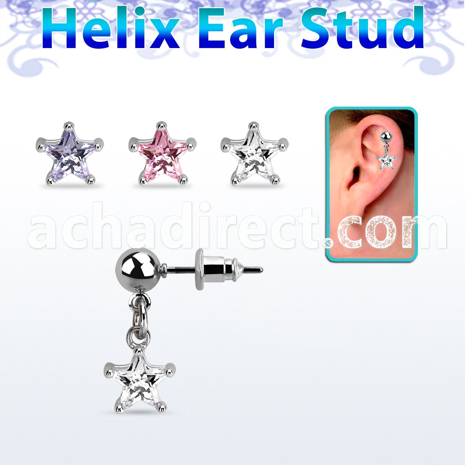 erbdzs6 ball shaped 316l steel ear stud w dangling 6mm star cz