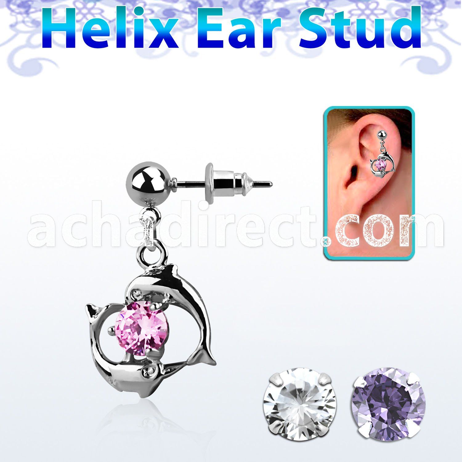 erbz15 316l steel helix ear ball stud w dolphin around a cz