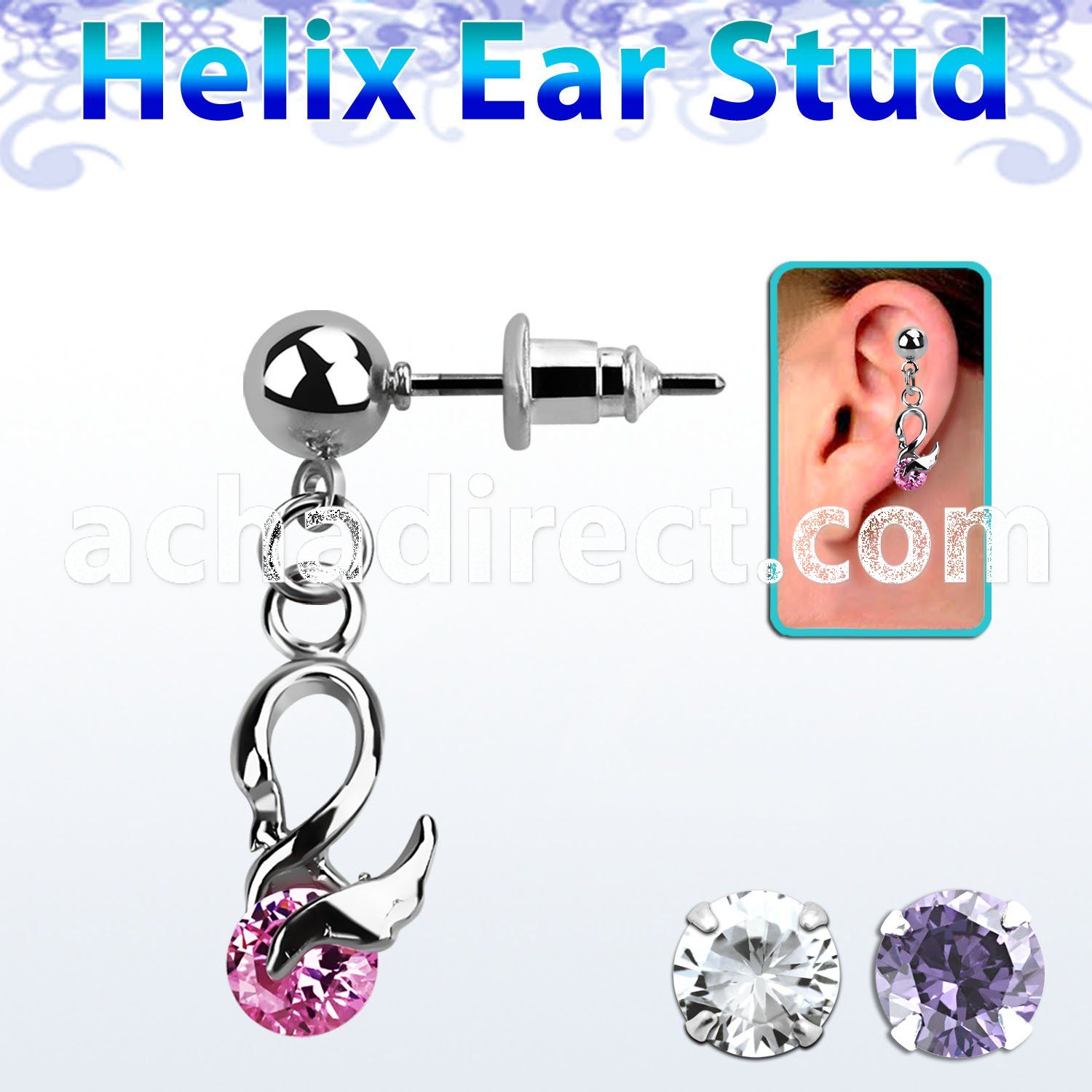 erbz376 316l steel helix ear stud ball with swan w cz body