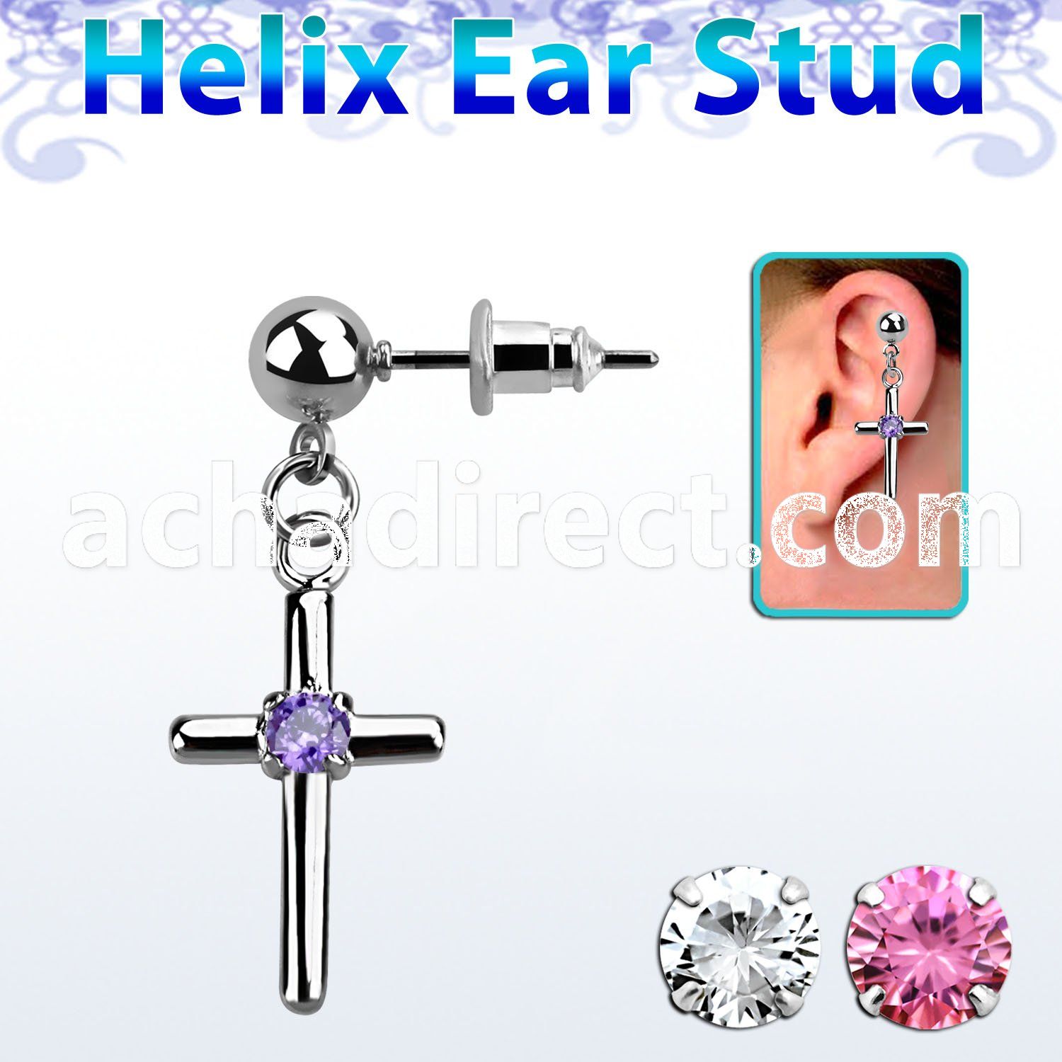erbz394 316l steel helix ear stud ball with cross w prong cz