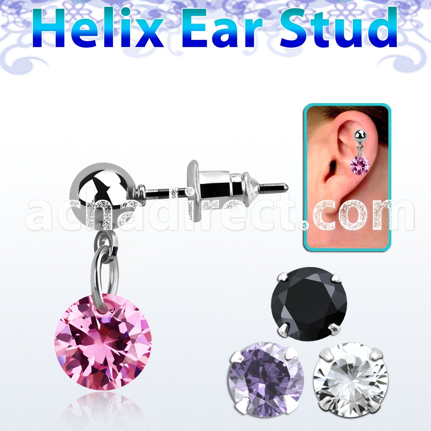 erbz407 316l steel helix ear stud ball with dangling cz stone