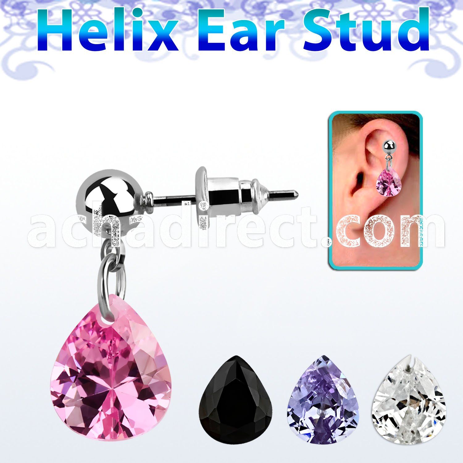 erbz409 316l steel helix ear stud ball with dangling pear cz