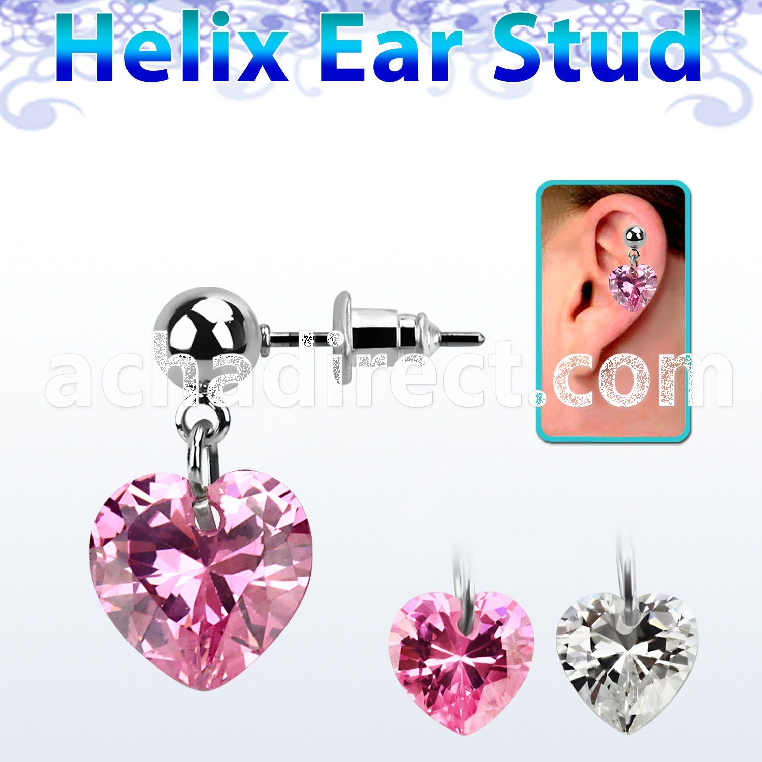 erbz529 316l steel helix ear stud ball with dangling heart cz