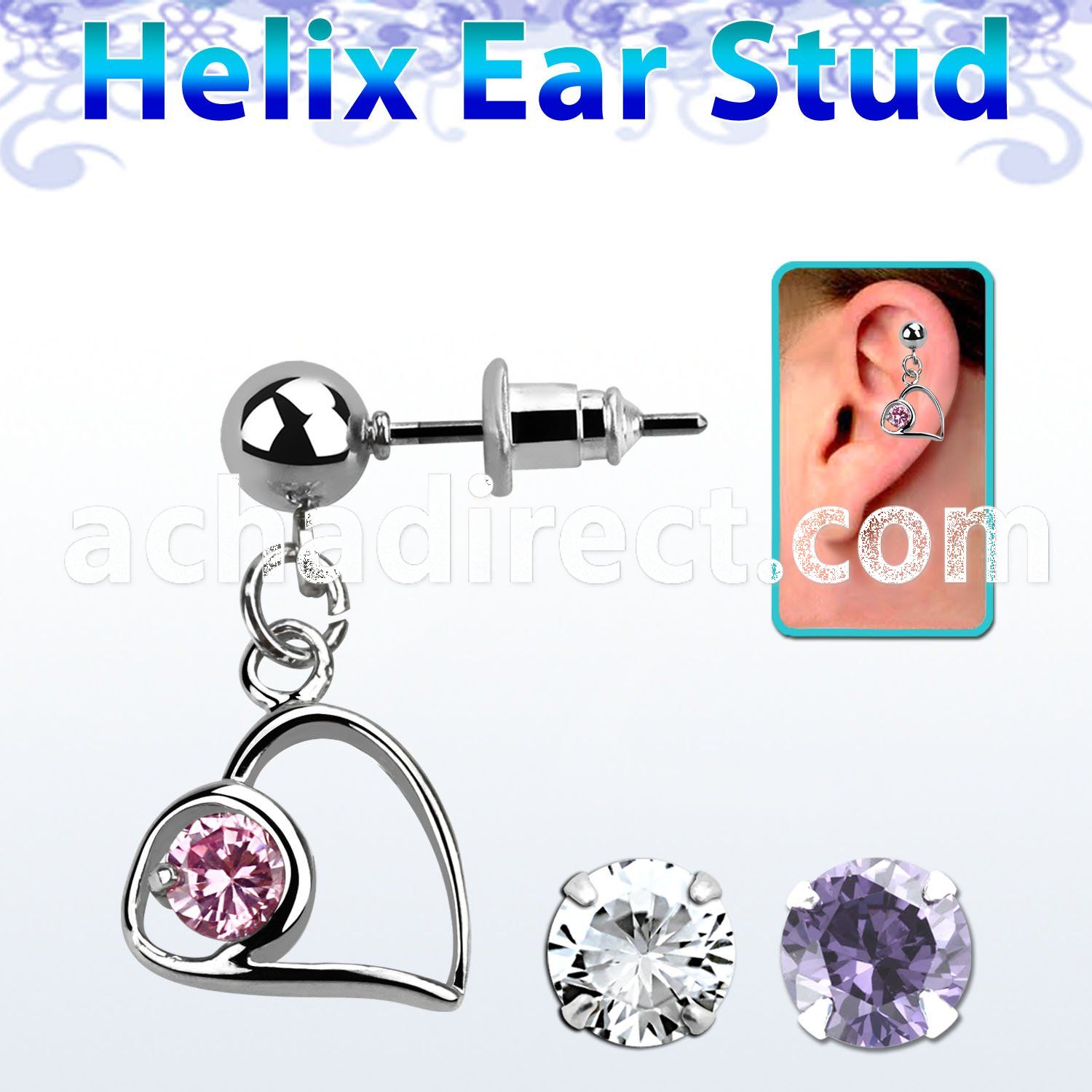 erbz66 316l steel helix ear stud ball with horizontal heart