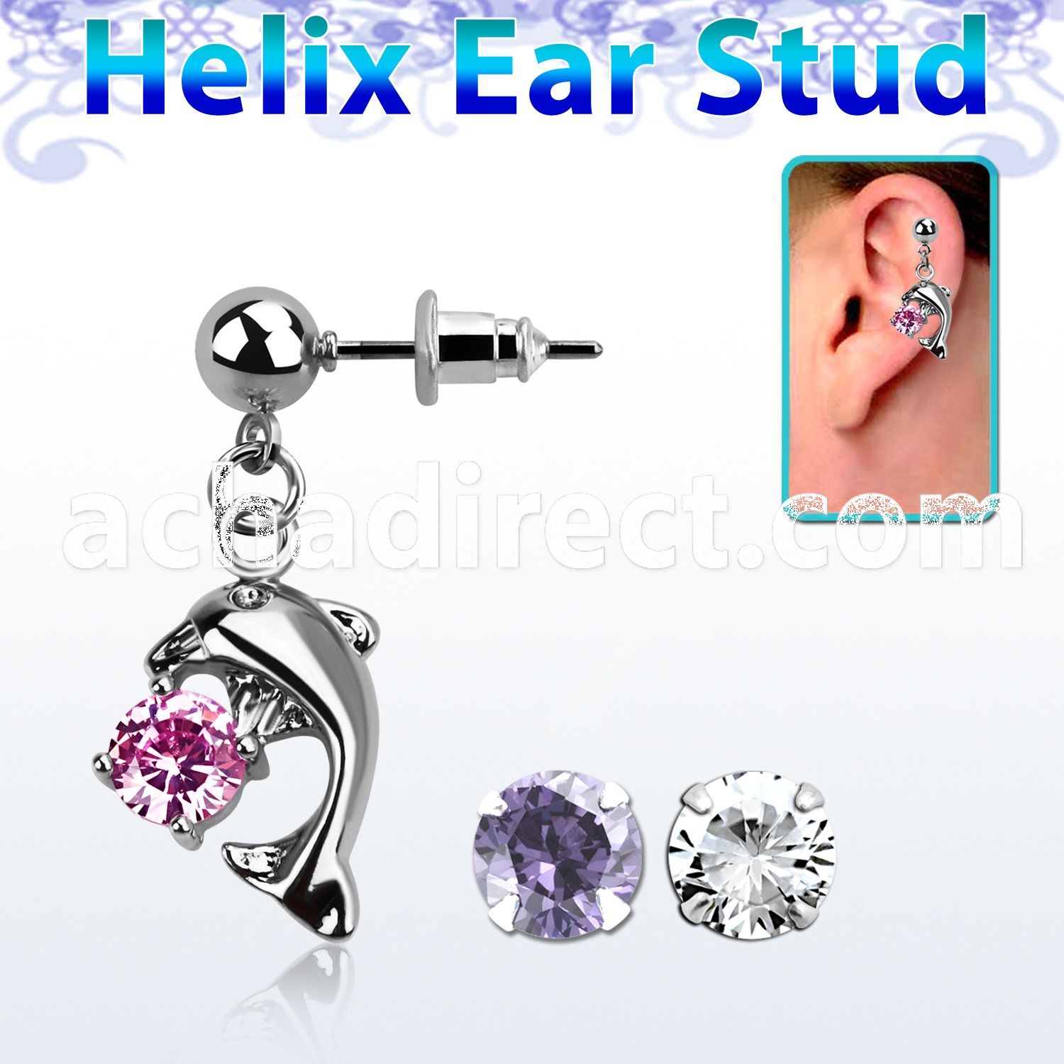 erbz7 316l steel helix ear stud ball w dangling dolphin w cz