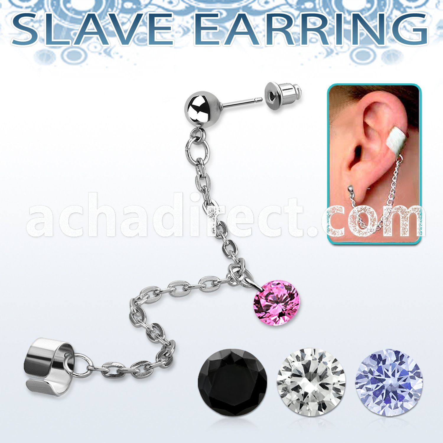 erdl13 piece of slave cuff earrings chain w round cz dangling