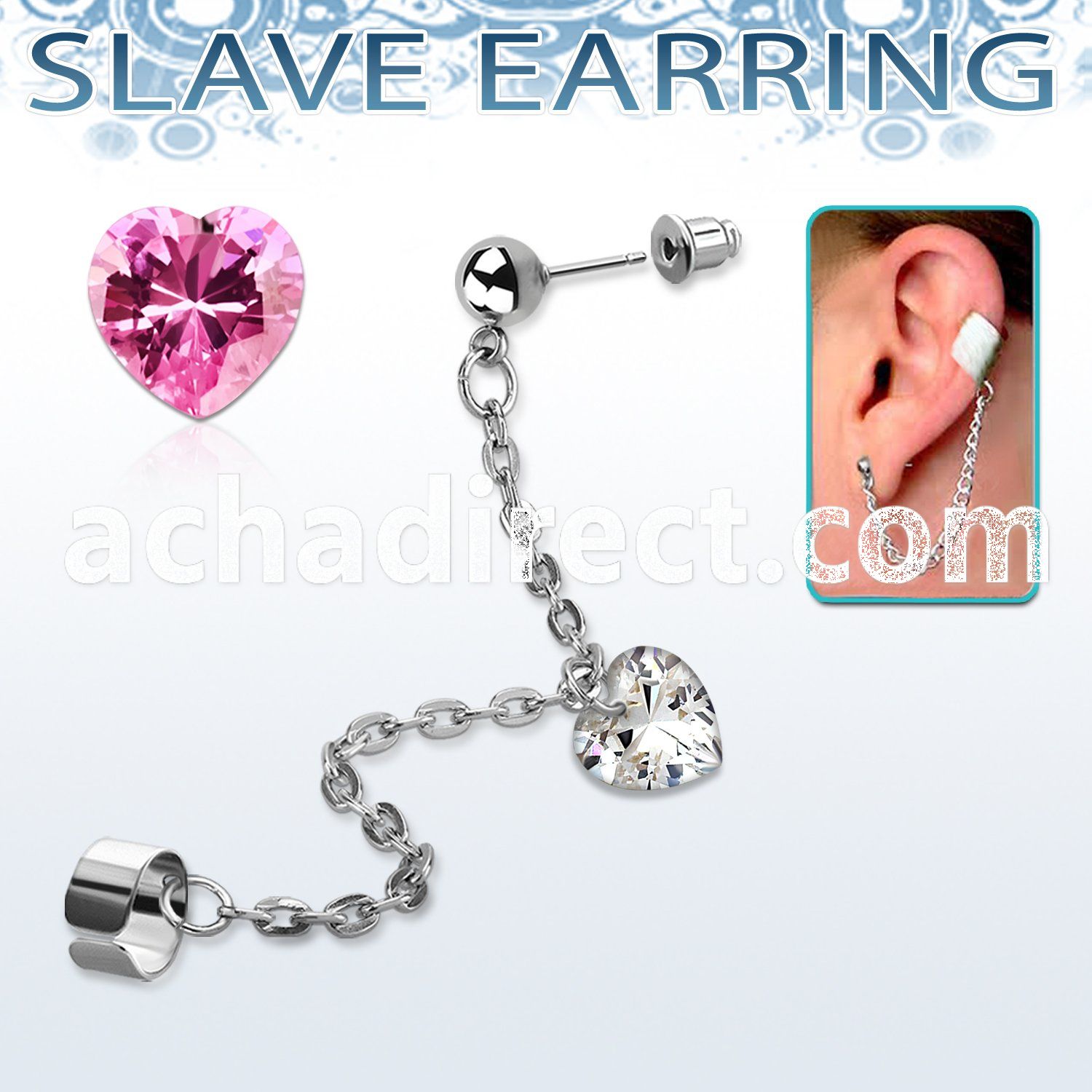 erdl17 steel ear stud connected to slave helix clip w heart cz