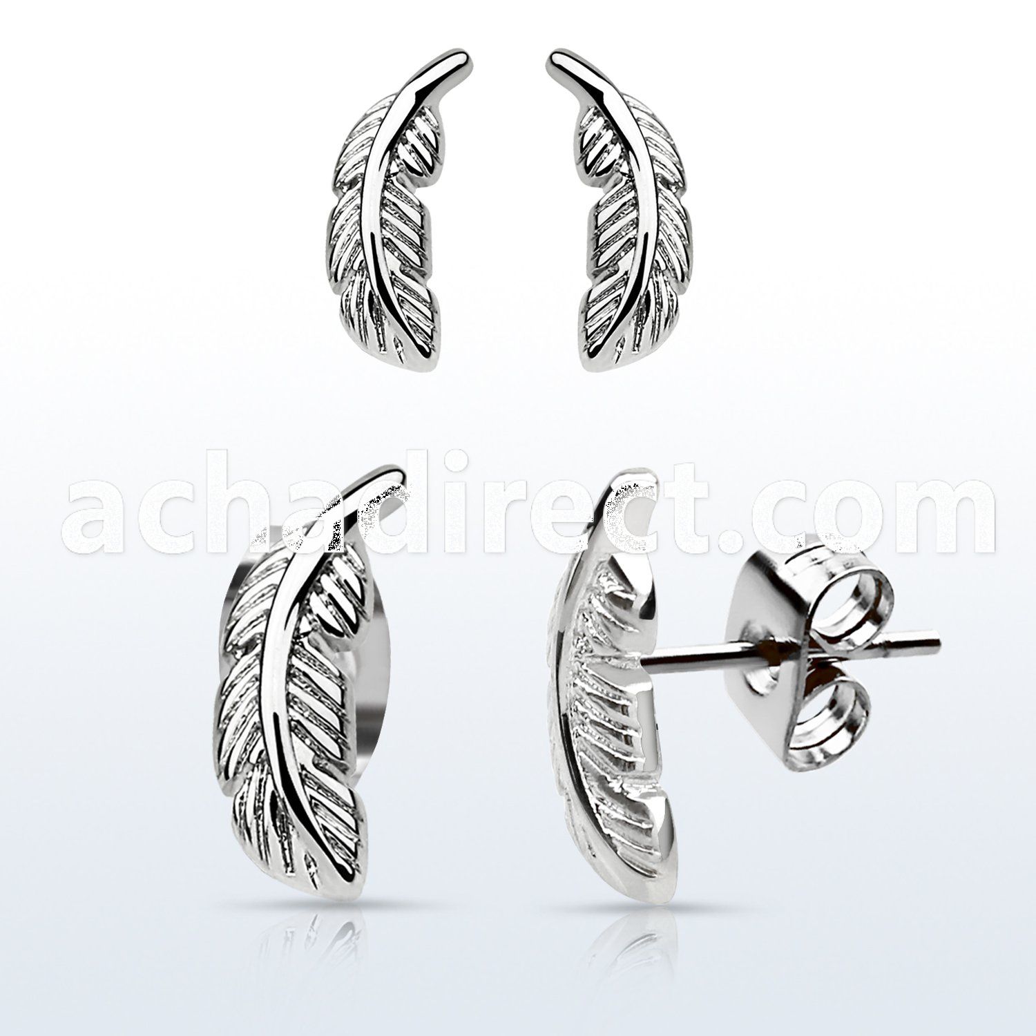 erfea pair of high polished 316l steel ear studs w feather top