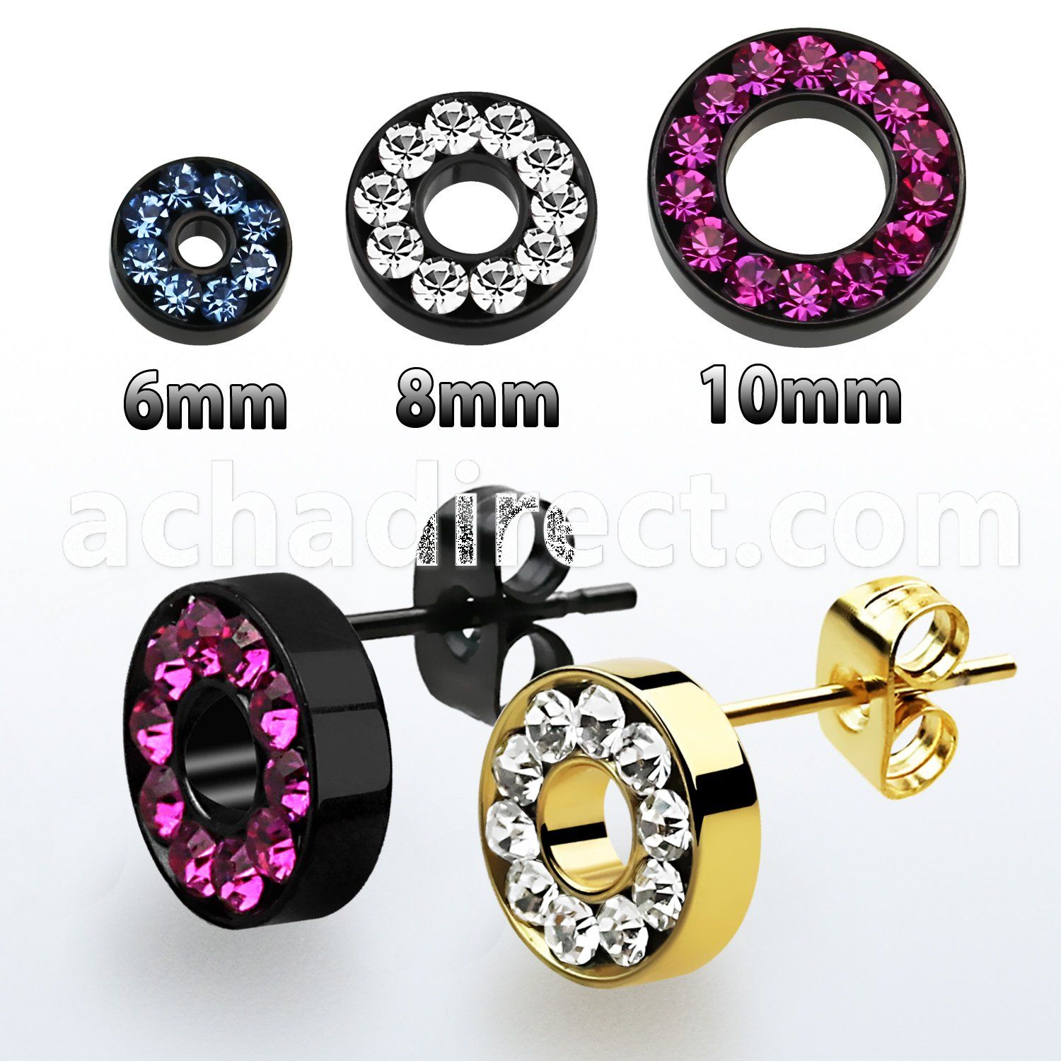 erftrdc steel fake flesh tunnel ear studs w multi crystal rim