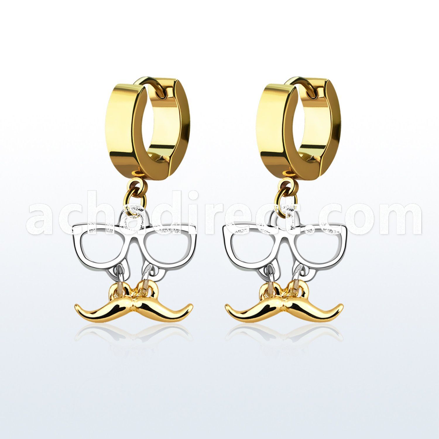 erg507 gold steel huggies earrings w dangling mustache glasses