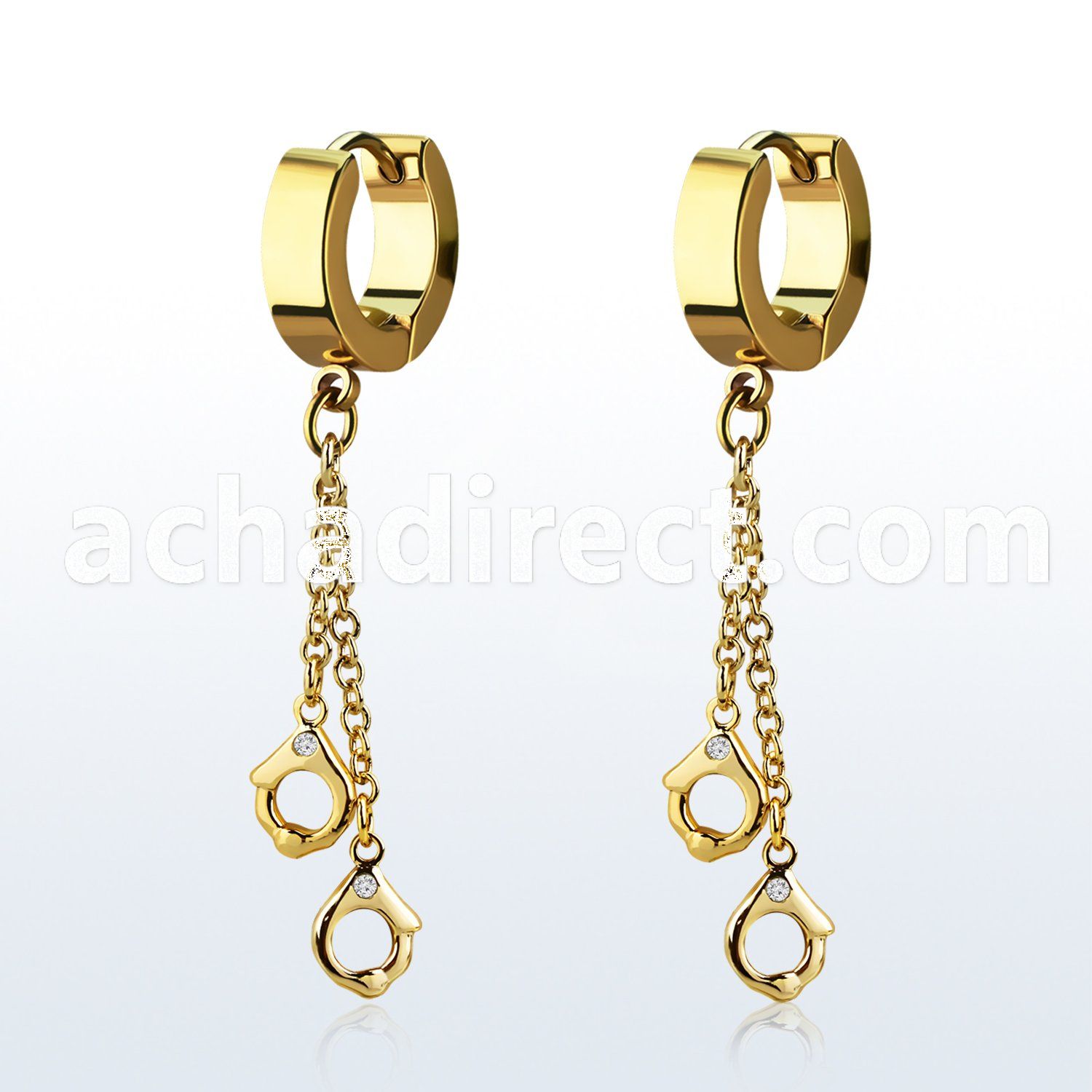 erg652 gold steel huggies earrings w dangling handcuffs