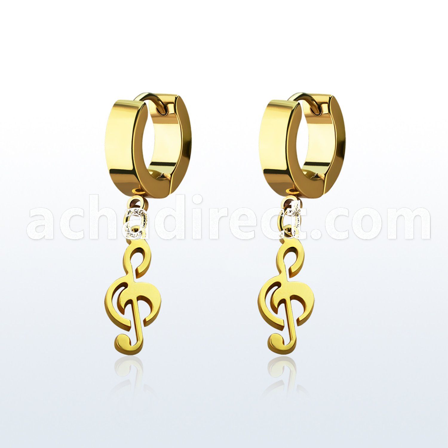 erg709 gold steel huggies earrings w dangling musical note
