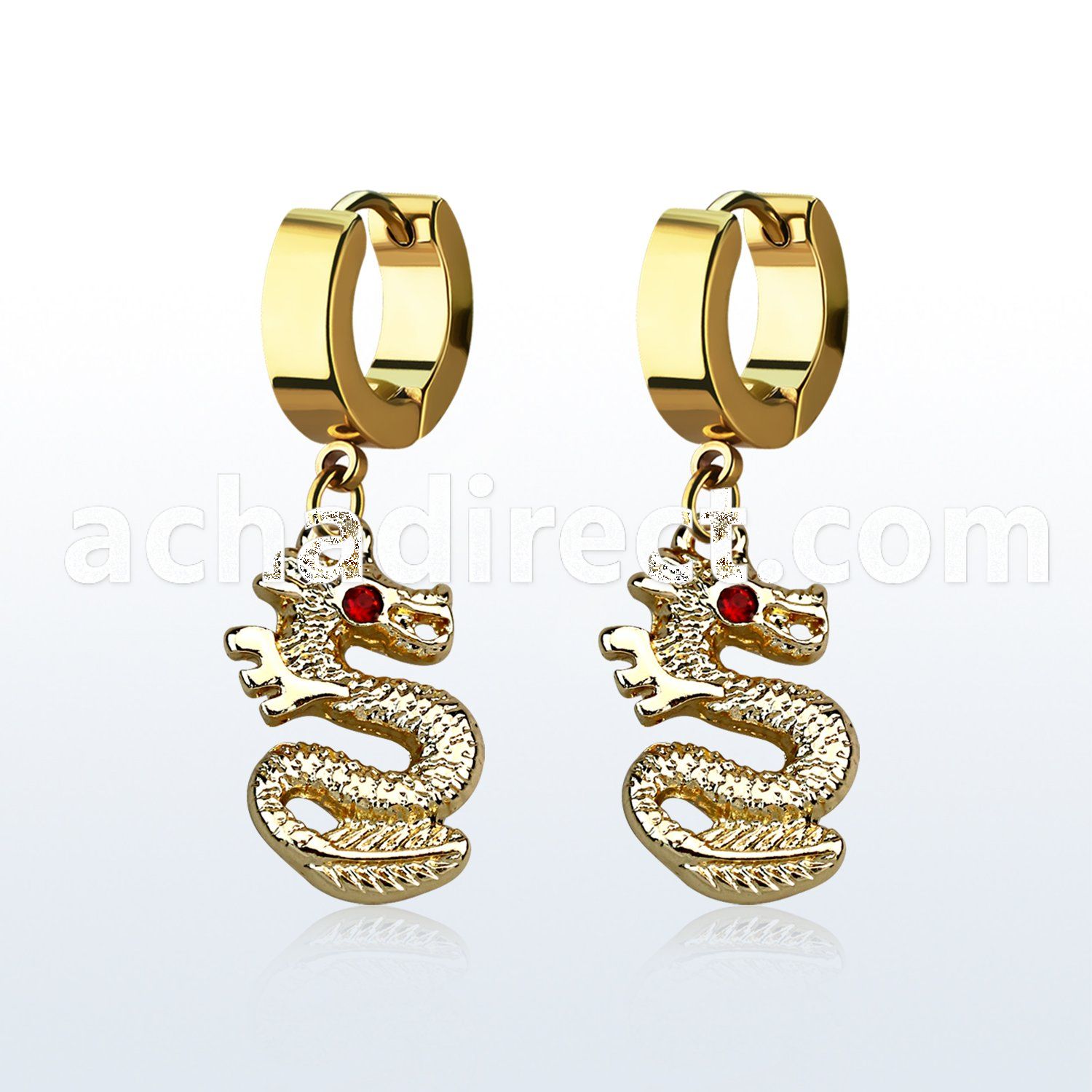 erg721 gold steel huggies earrings dangling dragon crystal eye