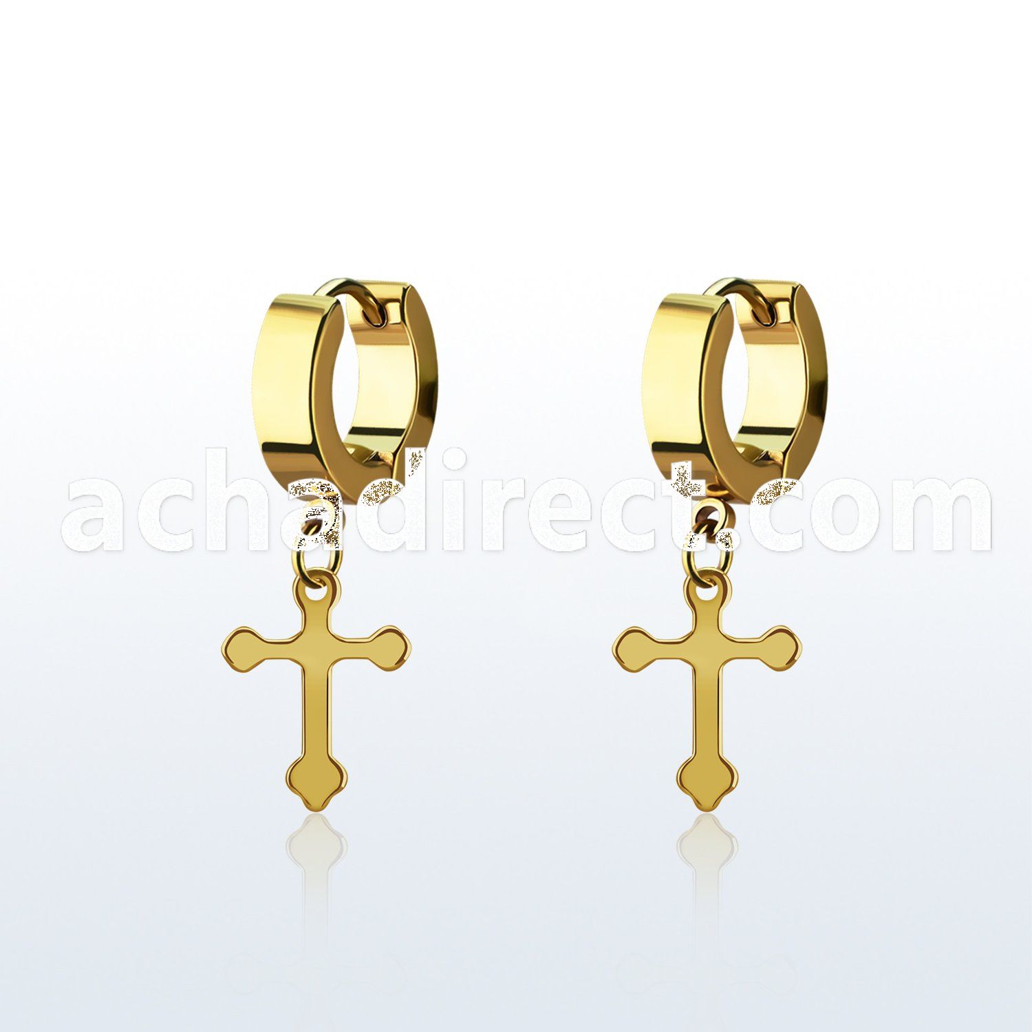 ergcro gold steel huggies earrings w dangling cross