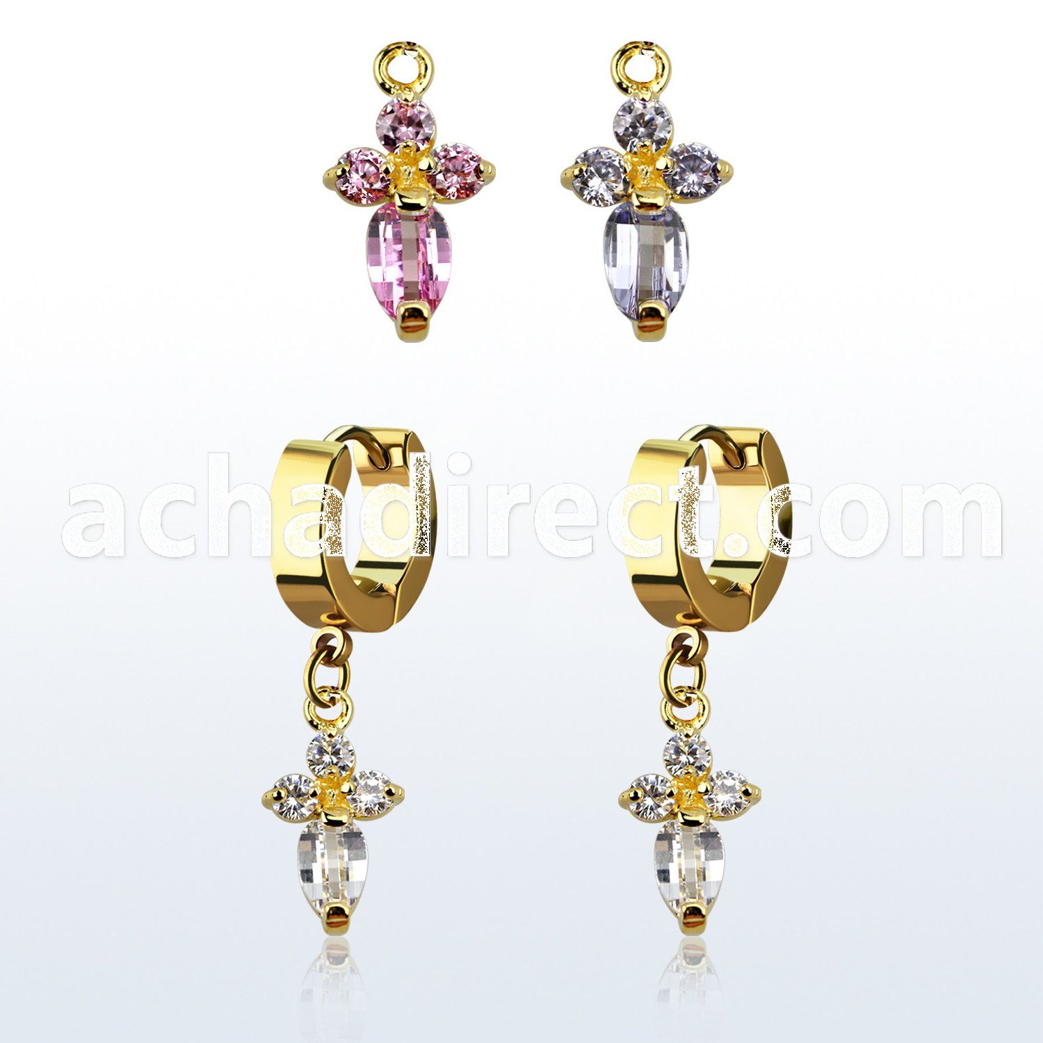 ergz518 gold steel huggies earrings w dangling cross w 4 czs