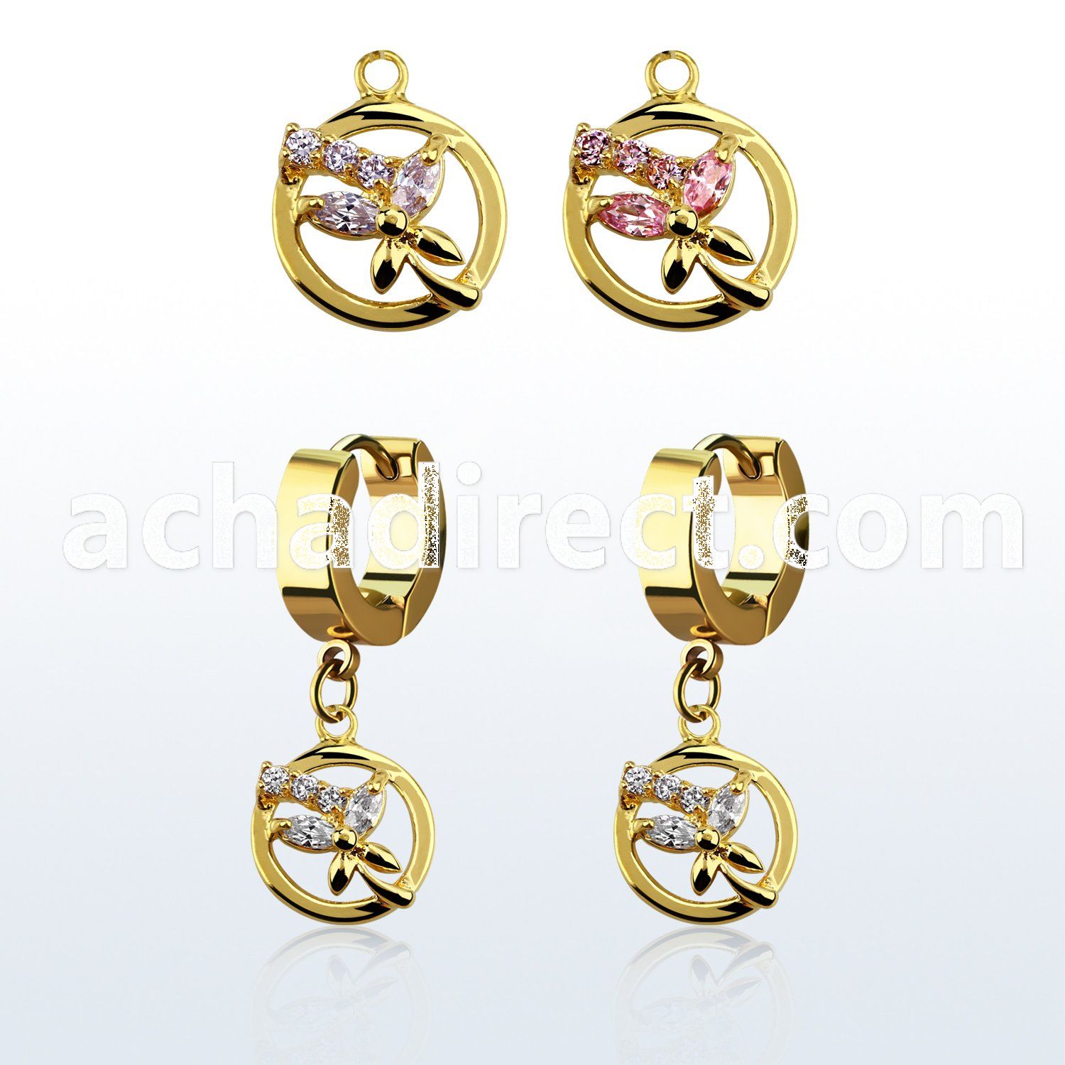 ergz520 gold steel huggies earrings w dangling circle butterfly