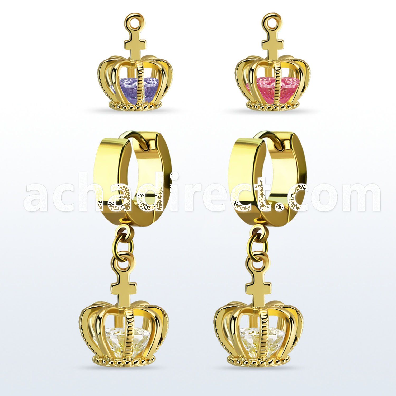 ergz590 gold plated stainless steel huggie w dangling crown w cz