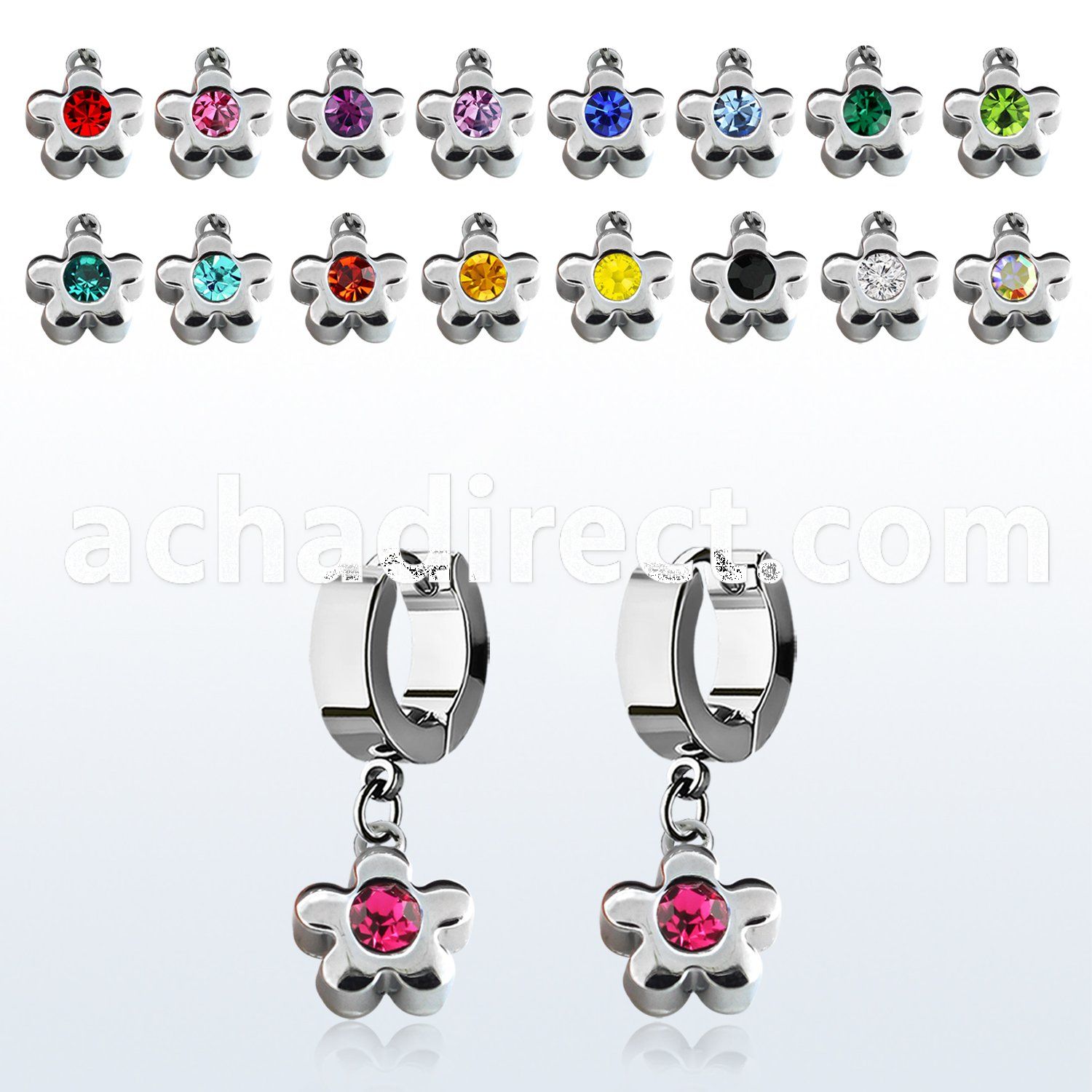 erh399 steel huggies earrings w dangling flower w a big crystal