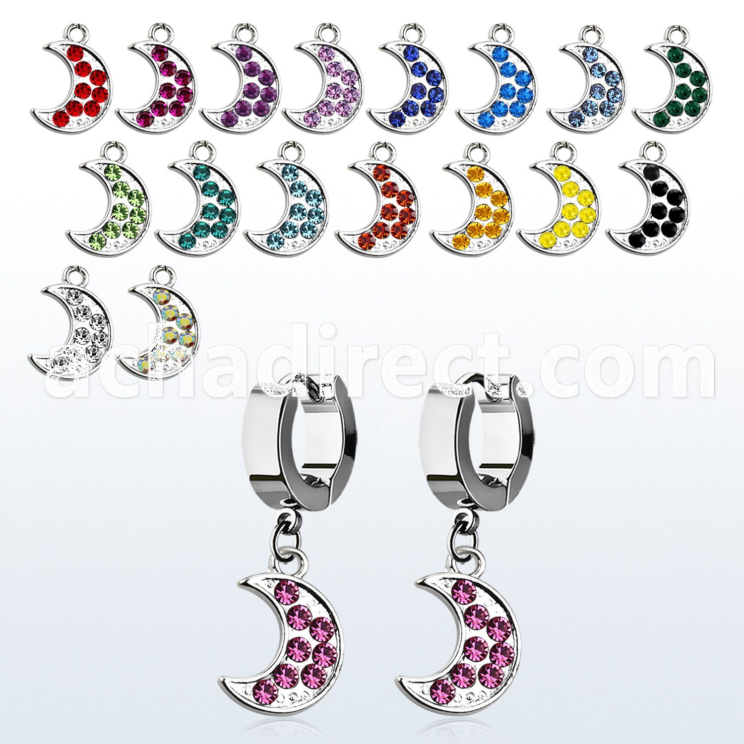 erh401 steel huggies earrings w dangling moon w crystals