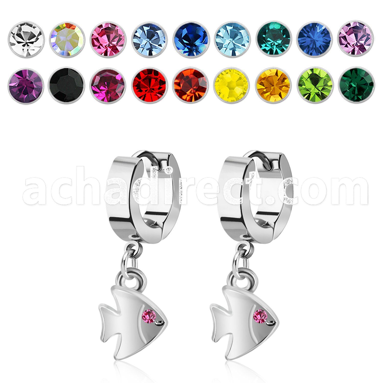 erh445 steel huggies earrings w dangling fish w a crystal eye