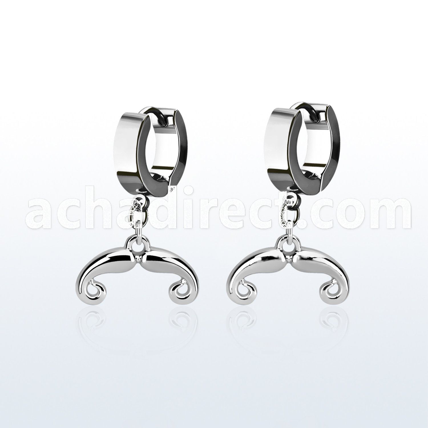 erh516 steel huggies earrings w dangling french mustache