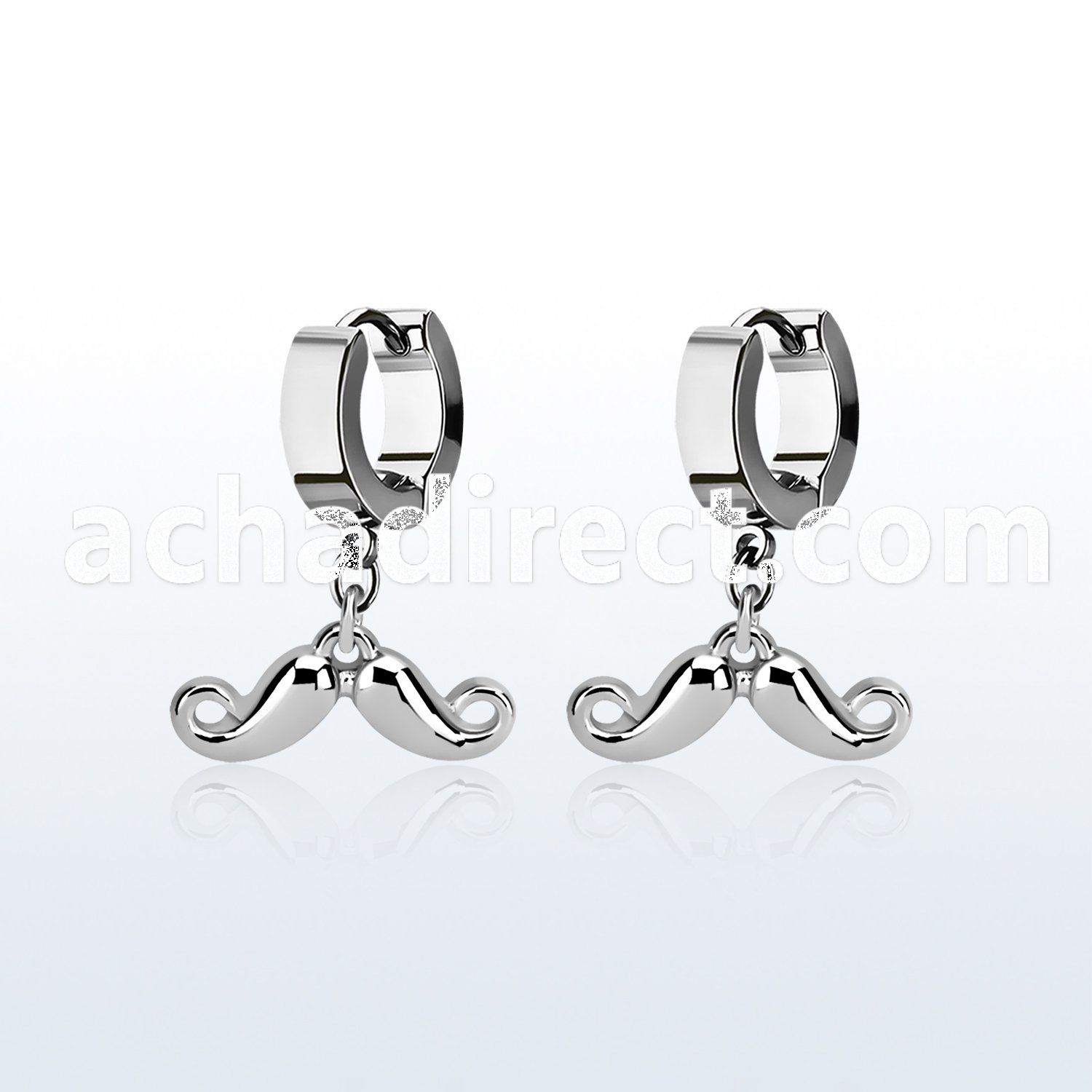 erh519 steel huggies earrings w dangling happy mustache 