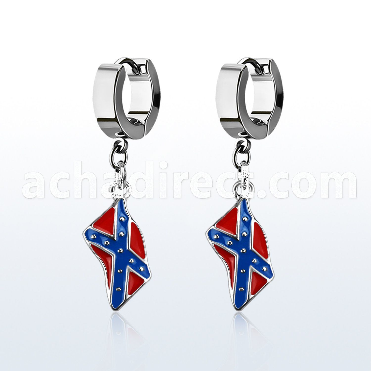 erh553 steel huggies earrings w dangling confederate flag