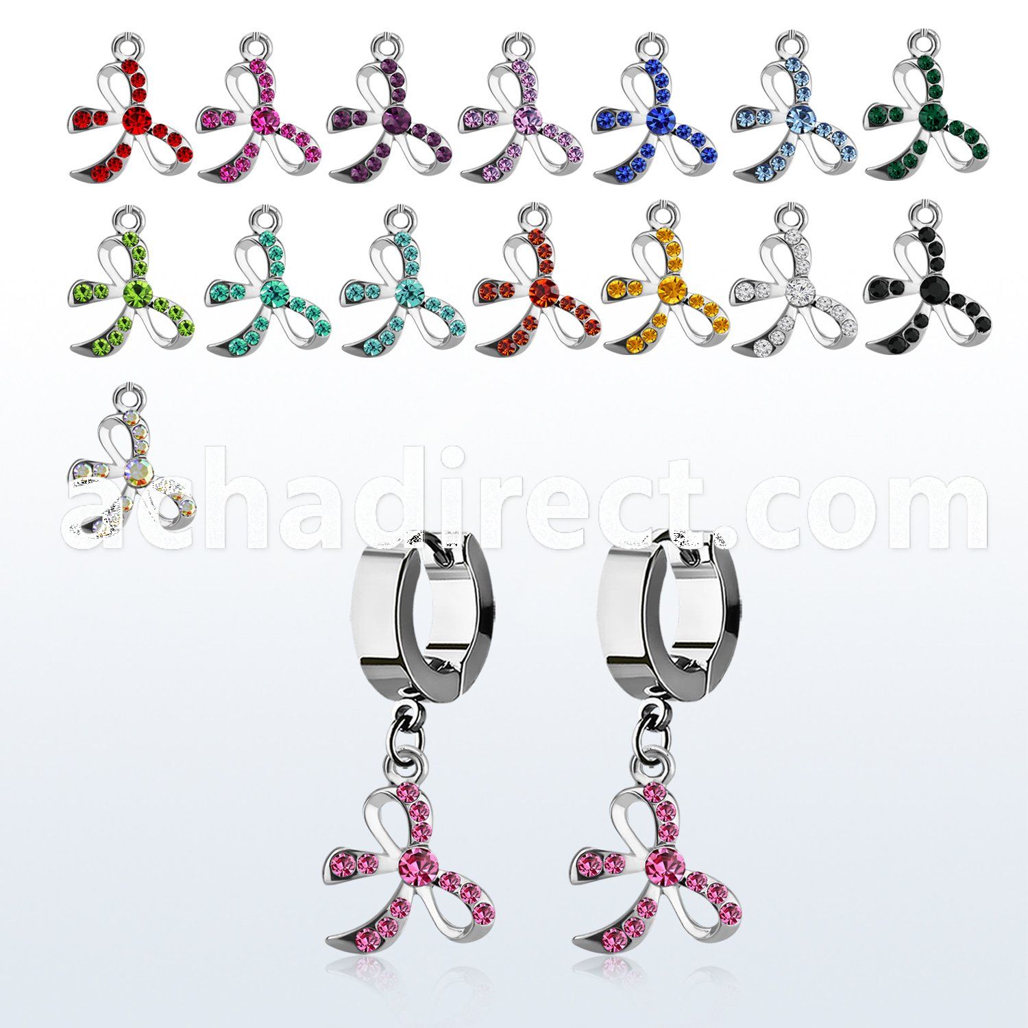 erh588 steel huggies earrings w dangling crystal studded bow