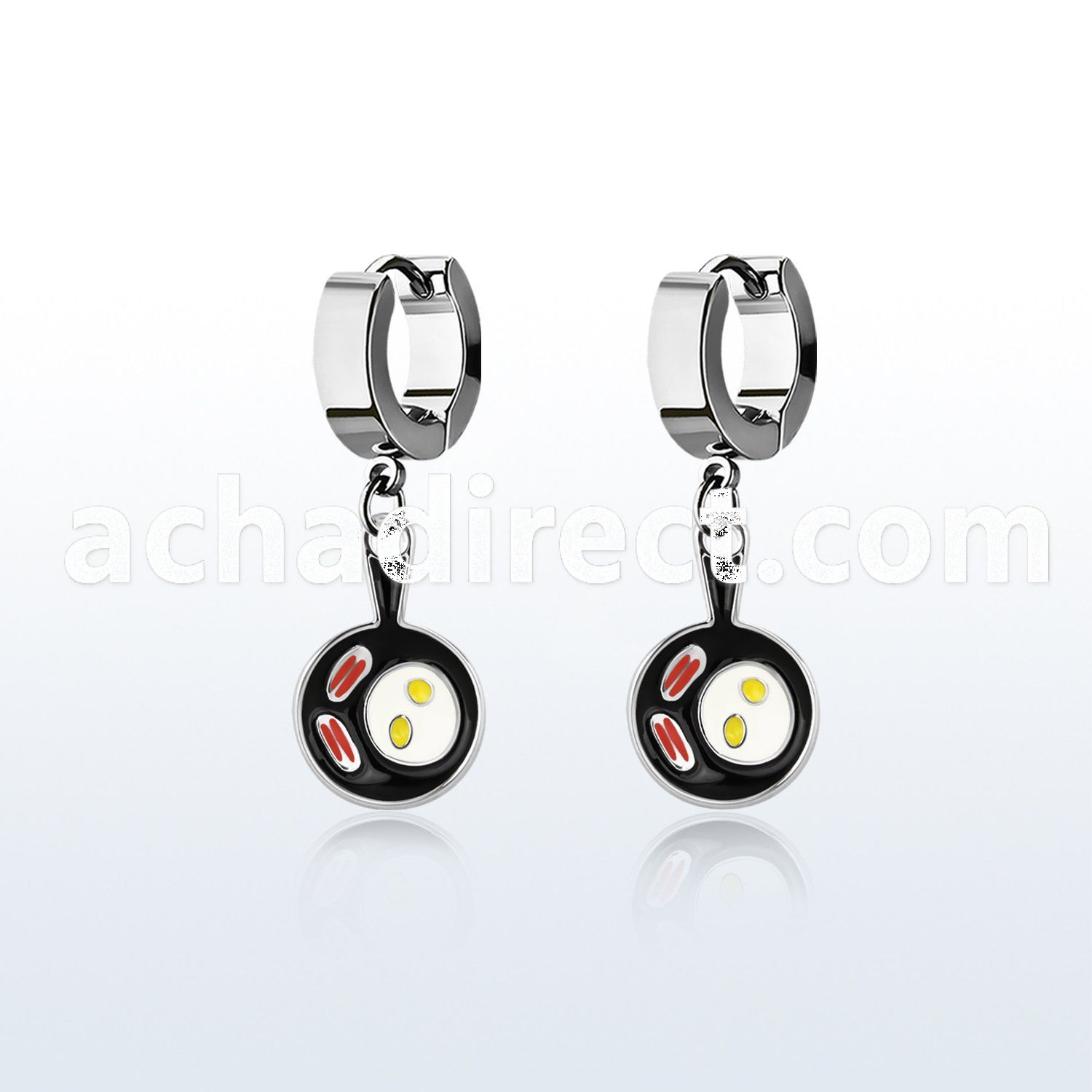 erh646 steel huggies earrings w dangling bacon eggs