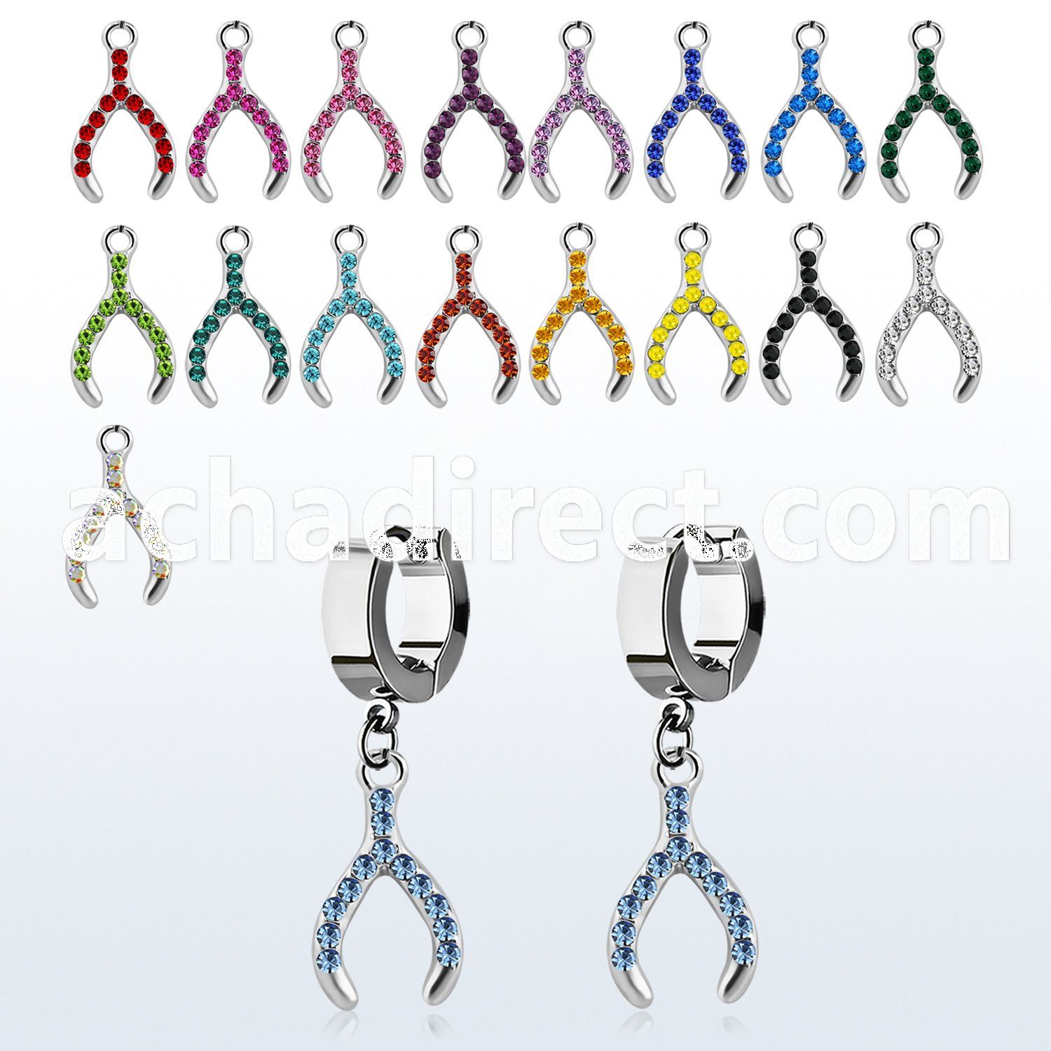 erh669 steel huggies earrings w dangling crystal wish bone